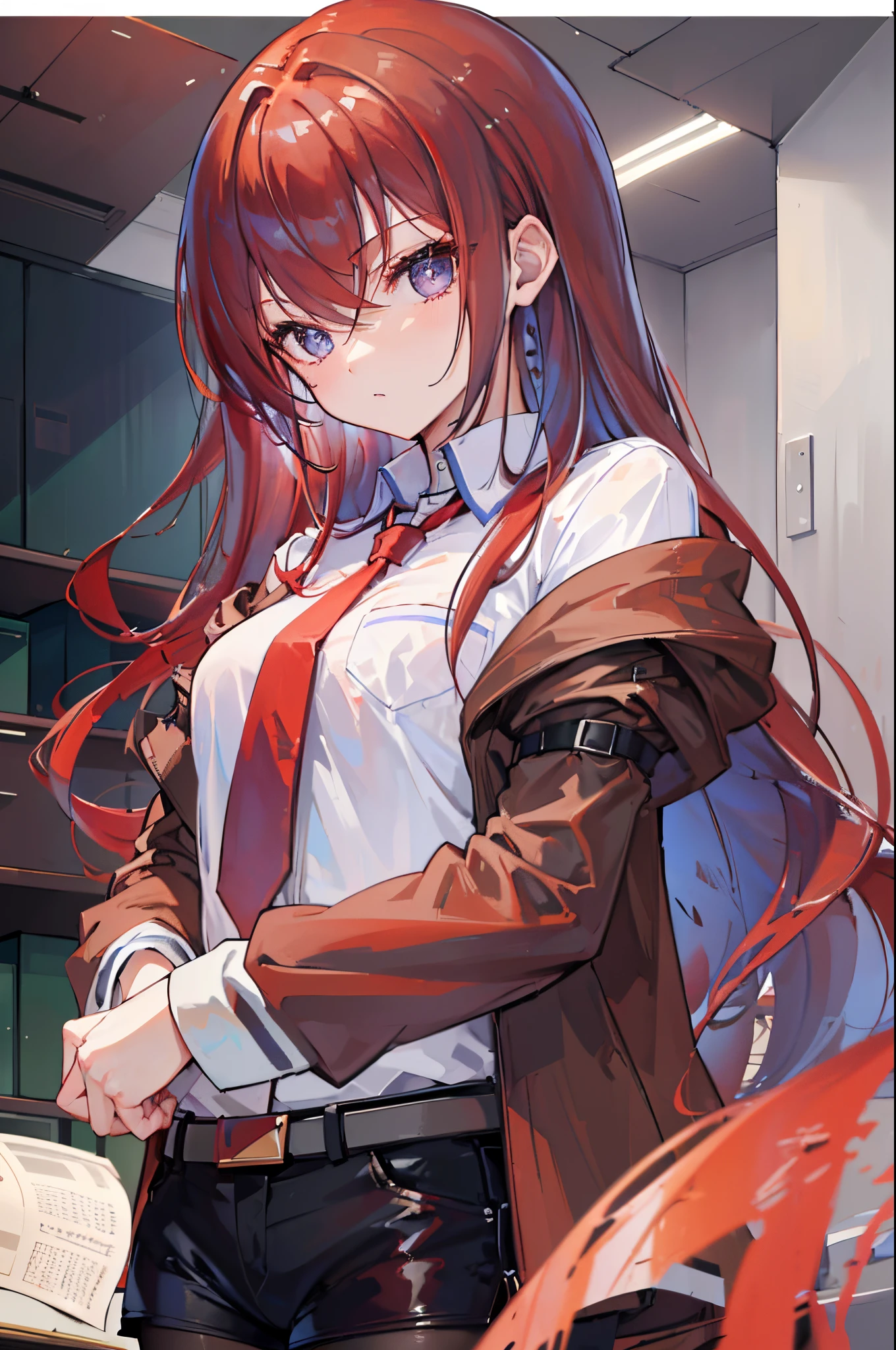 from below, ((masterpiece), (best quality), ultra high res, 1girl, long hair, (red hair:1.5), long hair, eyes visible through hair, bangs, hair between eyes, blue eyes, purple eyes, shorts, pantyhose, jacket, shirt, red necktie, necktie, belt, white shirt, legwear under shorts, brown jacket, short shorts, long sleeves, black pantyhose, room, lab, upper body, portrait, looking at the viewer,