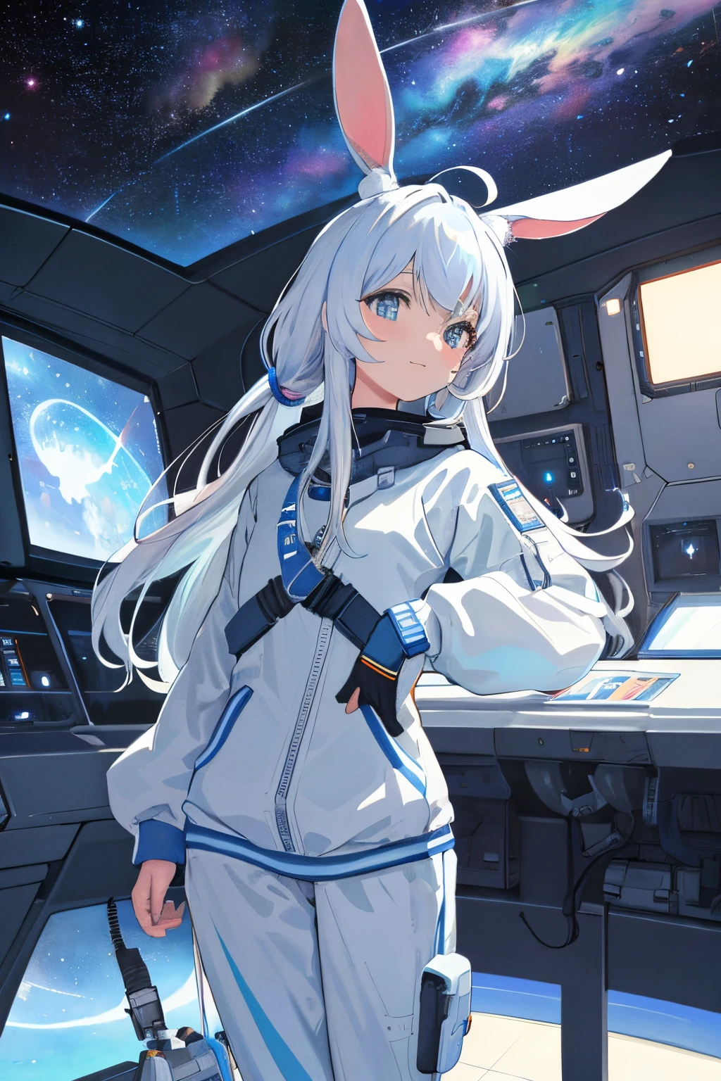 （（best qualtiy））， （（tmasterpiece））， （（ultra - detailed））， （illustratio）， （Detailed light）， （Extremely refined and beautiful）， （（A cute girl with bunny ears sits in a spaceship，His face was filled with excitement and anticipation，Lying on the window with his hands，looks out the window，Outside the window is the vastness of the universe：1.2）），（（cowboy lens）），（（The Space Observatory is based on a large screen））， standing on your feet，Full body photo， Stylish white sweatshirt， Stylish white sweatpants， （beautidful eyes）， long  white hair， Colored inner hair，（A spaceship cockpit full of technology），outerspace， planetes，stellar，Starcloud，milky ways， Negative space， Detailed background