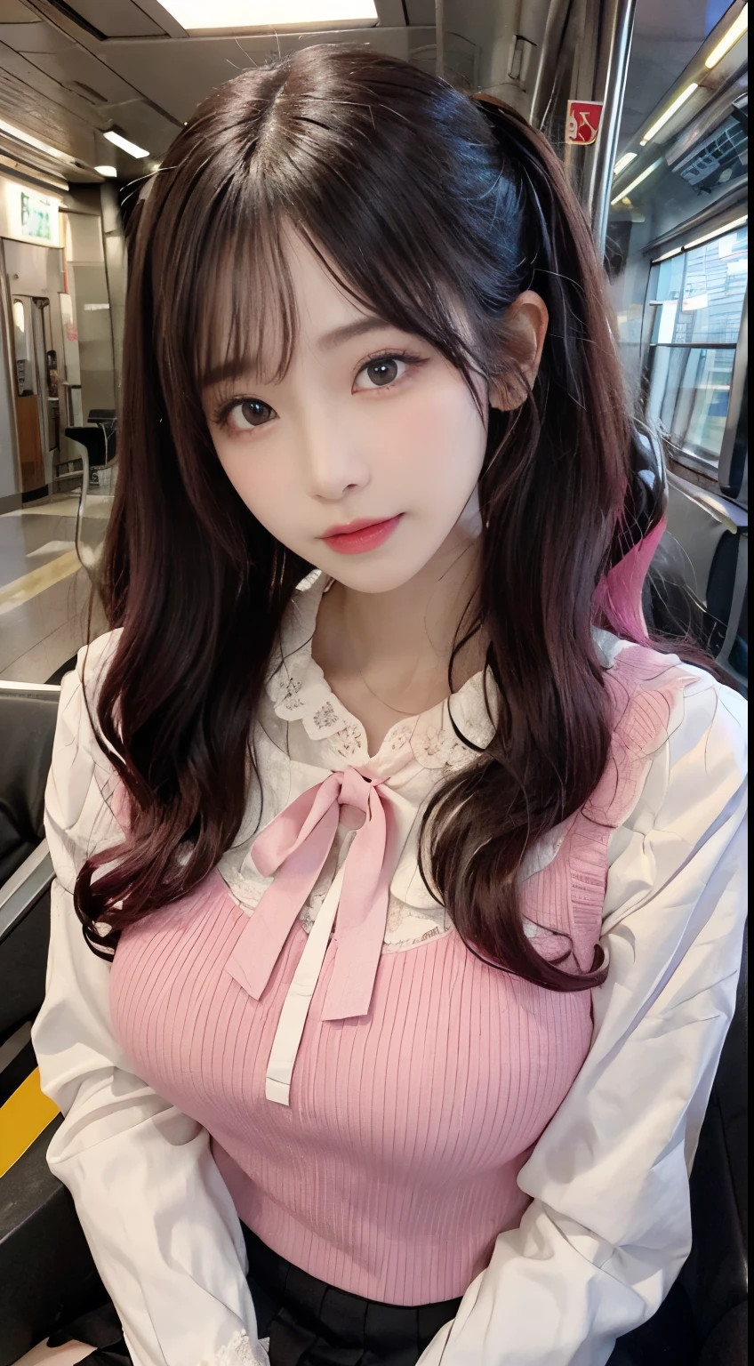 Korean Beauty，Sitting on the train，（（（tmasterpiece）））， （（best qualtiy））， （（intricate detailes））， （（Ultra-realistic realism））， Ridiculous resolution， A MILF， Mature Woman， ighly detailed， illustratio， 1girll，（（Large breasts））， perfect hand， Detailed finger， Beautiful detailed eyes， Lowered twin tails， Colored inner hair， Very long black hair, Very bright pink hair， with brown eye， Name badge， （ Korean style long sleeve dark pink ruffle lace up pleated skirt， Black knee-high socks:2.2），detailedbackground， perfect  eyes， mesmerizing eyes，Slightly open mouth, ((Ephemeral Girl:1.2))