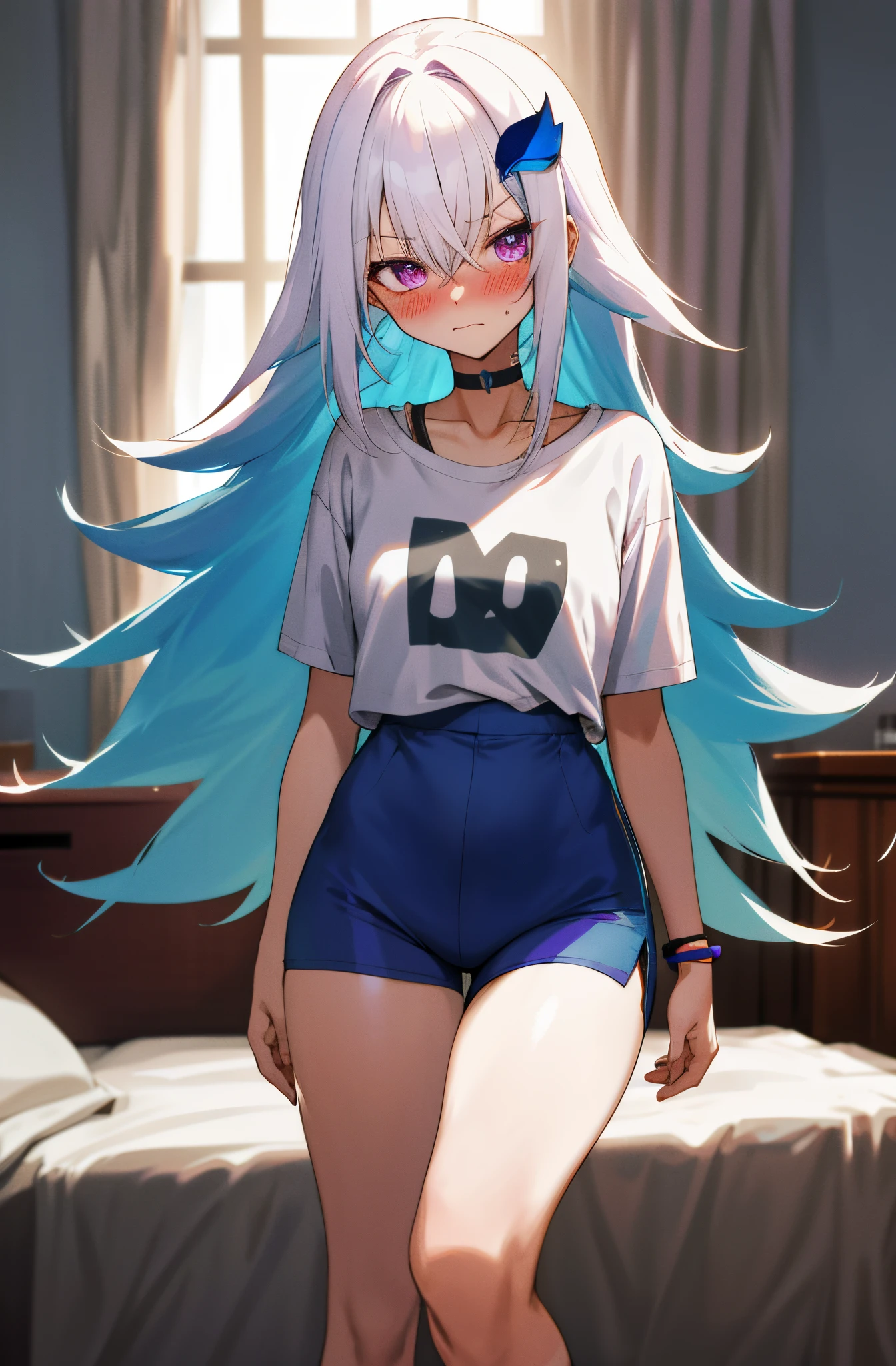 One girl with long messy hair, white hair, blue inner hair, purple eyes, looking at viewer, sleepy, blushing, embarrassed, wake up from sleep, t shirt, sport shorts, bedroom, thigh, slim, dizzy, choker, mid-chest, wide hips, perfect waist, morning atmosphere, hair ornament, standing,