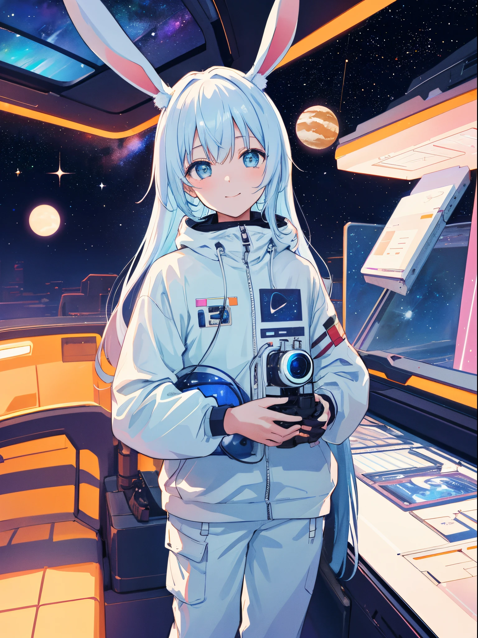 ((best qualtiy)), ((tmasterpiece)), ((ultra - detailed)), (illustratio), (Detailed light), (Extremely refined and beautiful), ((A cute girl with bunny ears sits in a spaceship,His face was filled with excitement and anticipation,Lying on the window with his hands,looks out the window,Outside the window is the vastness of the universe:1.2)),((cowboy lens)),((The Space Observatory is based on a large screen)), standing on your feet,Full body photo, Stylish white sweatshirt, Stylish white sweatpants, (beautidful eyes), long white hair, Colored inner hair,(A spaceship pit full of technology),outerspace, planetes,stellar,Starcloud,milky ways, Negative space, Detailed background