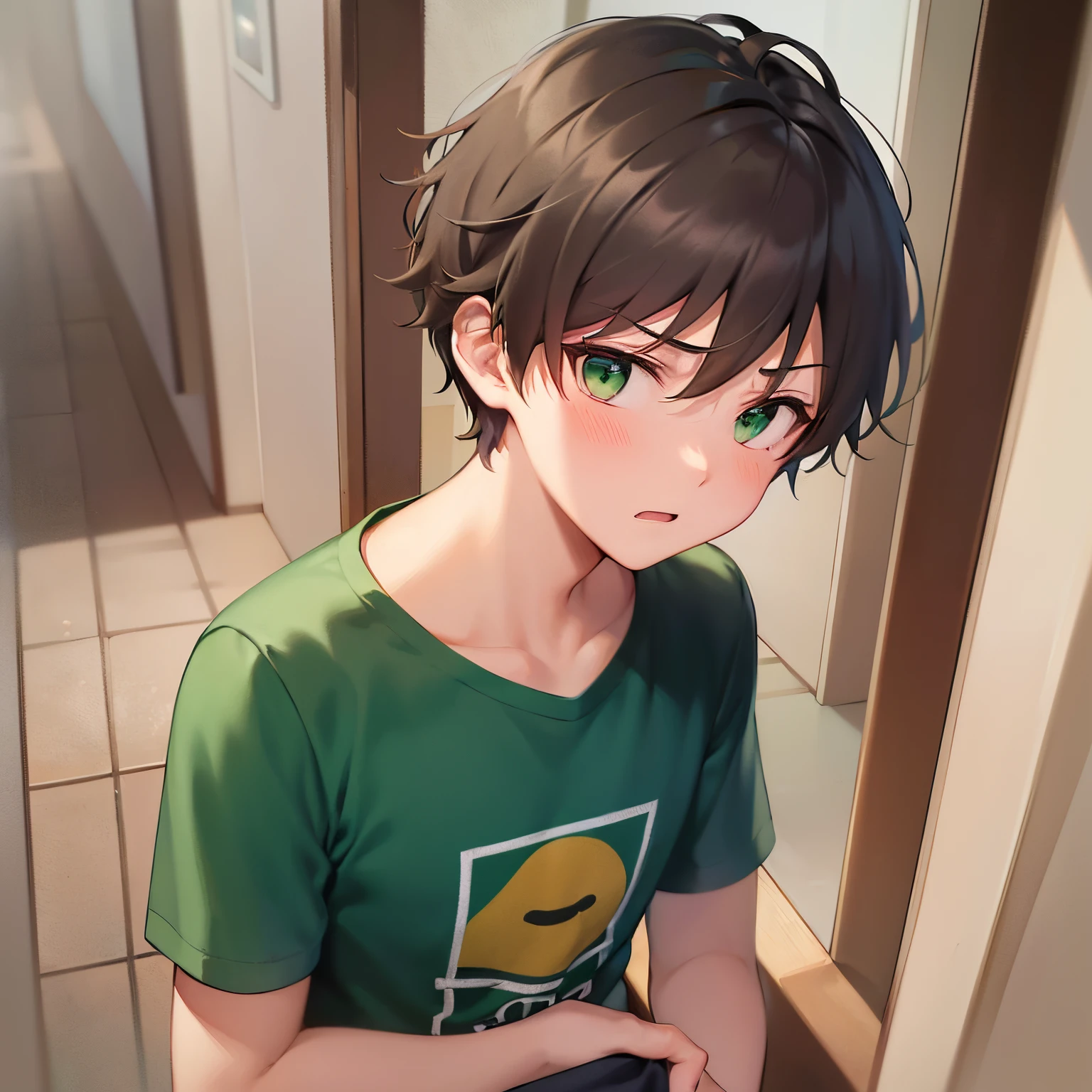 looking afar, Bird's-eye view, look away, masterpiece、hightquality、18 year old male with short brown hair and green eyes、Wearing a green T-shirt、(Alone:1.5)、(Flustered expression:1.1)、(Only the upper body is shown.:1.3)、The background is the hallway of the house、Bold composition、