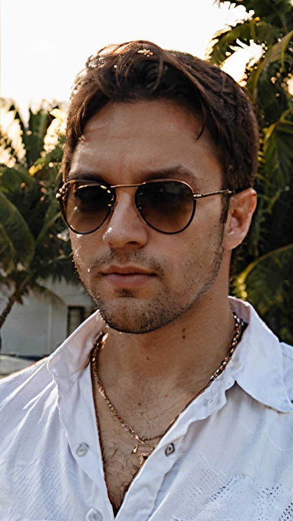 Foto de um homem de 26 anos com barba, wearing sunglasses and a white blouse, with a serious look at the camera, with background details like blue sky and sunset, e objetos em primeiro plano destacados como obra-prima, fotorealista e com efeito Bokeh. Image is of better quality, has color correction, detalhes da pele aprimorados, Ela&#39;It&#39;s intricate, in 8k resolution, com HDR, cinematic lighting and sharp focus, while your hair gets messy because of the wind.
