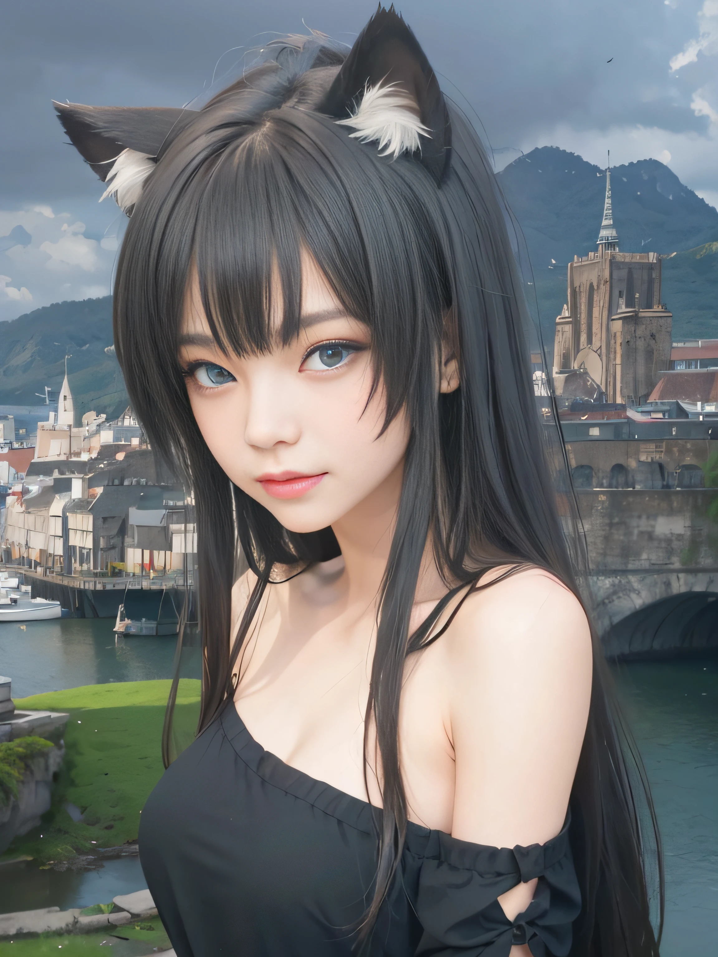masterpiece, best quality, (realistic, photo-realistic:1.4), (RAW photo:1.2), extremely detailed CG unity 8k wallpaper, delicate and beautiful, amazing, finely detail, official art, absurdres, incredibly absurdres, huge filesize, ultra-detailed, extremely detailed, extremely detailed girl, extremely detailed eyes and face, light on face,little smile,long hairmblack hair,cat ears,blue eyes