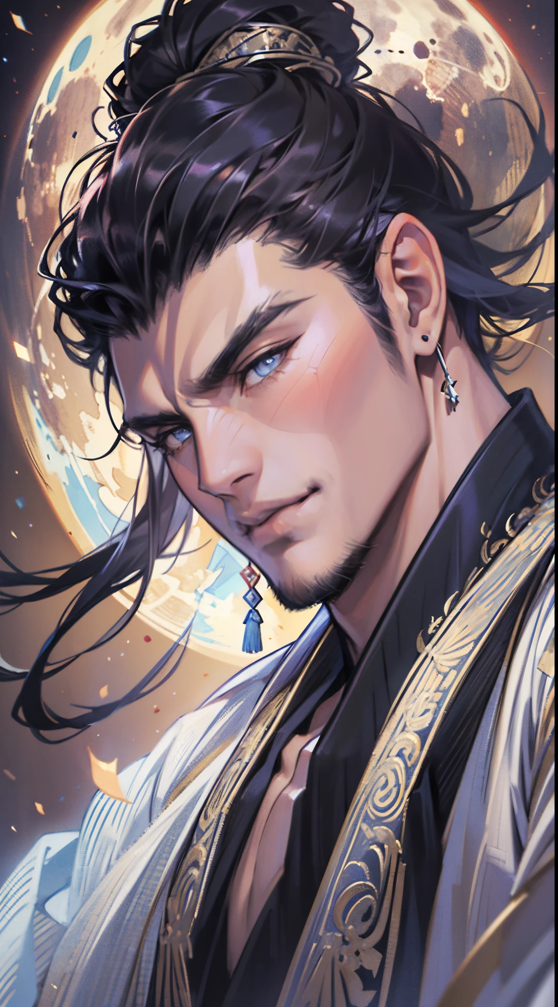 Chinese male god, bright aura, perfect figure, muscular body, handsome, black hair in a bun, beautiful eyes, wise man, magic, half moon, late at night.