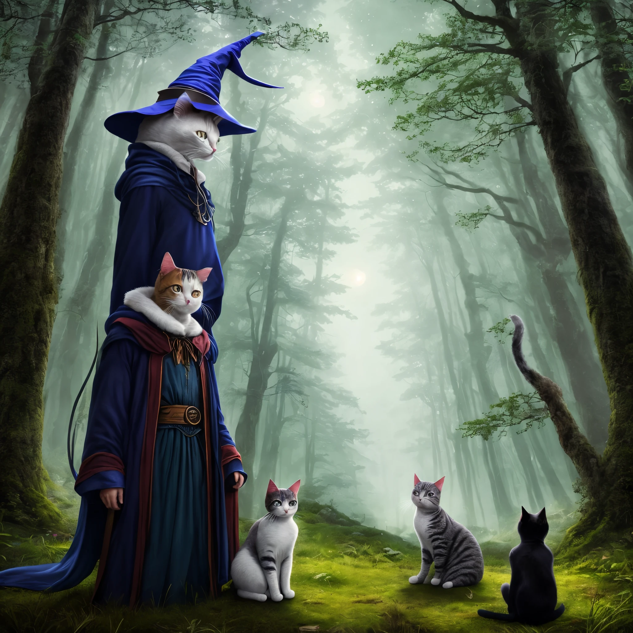 Wizard wondering the forest with a cat with a wizard hat