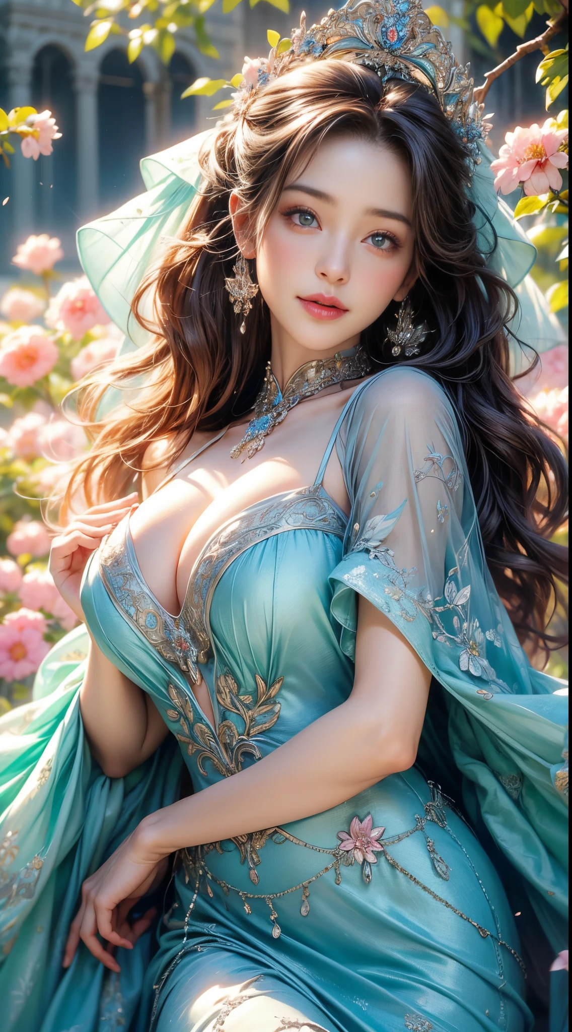 (Best Quality,4K,8K,hight resolution,tmasterpiece:1.2),ultra - detailed,(current,Realistically,realisticlying:1.37),girl in a luxurious blue dress,eyes were shining with joy, her lips were slightly curved,show a gentle smile. The sun casts a warm golden light on her face, Enhance her beauty. The color of the flowers is、、From bright pink and purple、Rich in gentle pastel colors。, Create harmonious and visually pleasing works. and the lighting is soft and diffused, Creates a dreamy and fantastic atmosphere. girl standing in the middle of the field, Please raise your arms a little, Enveloping the beauty of nature. The composition is carefully balanced, girl'The position is off center, Create a sense of movement and vitality. The details of the flowers are very carefully drawn., Carefully expressing each petal and leaf.. The Girl'The skirt wraps her elegantly, Adds elegance and femininity to the scene. all inclusive, Works that evoke joyful feelings, enshrine, and appreciation for the beauty of nature.........