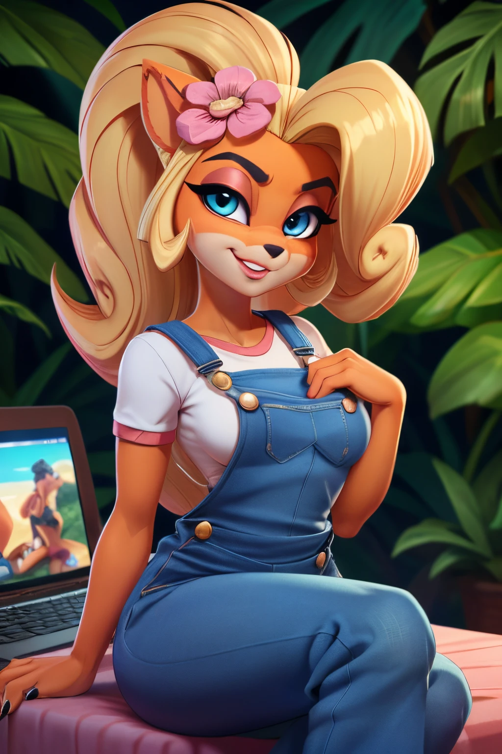 ((ultra quality)), ((tmasterpiece)), coco bandicoot, ((blonde woman)), ((there are only bandicoot ears)), (pink flower in hair), (Beautiful cute face), (beautiful female lips), Charming, (coco bandicoot nose), ((sexy facial expression)), looks at the camera with a gentle smile, eyes are slightly closed, ((skin color red)), (there is cat hair on the body), Body glare, ((detailed beautiful female eyes)), ((dark blue eyes)), (juicy female lips), (beautiful female hands), ((perfect female figure)), perfect female body, Beautiful waist, nice feet, black claws, gorgeous big thighs, Beautiful ass, beautiful breasts, ((Subtle and beautiful)), seductively sits, there's a pink laptop lying next to it (dressed in blue overalls) background: Jungle, ((Depth of field)), ((high quality clear image)), (crisp details), ((higly detailed)), Realistic, Professional Photo Session, ((Clear Focus)), the anime, NSFW