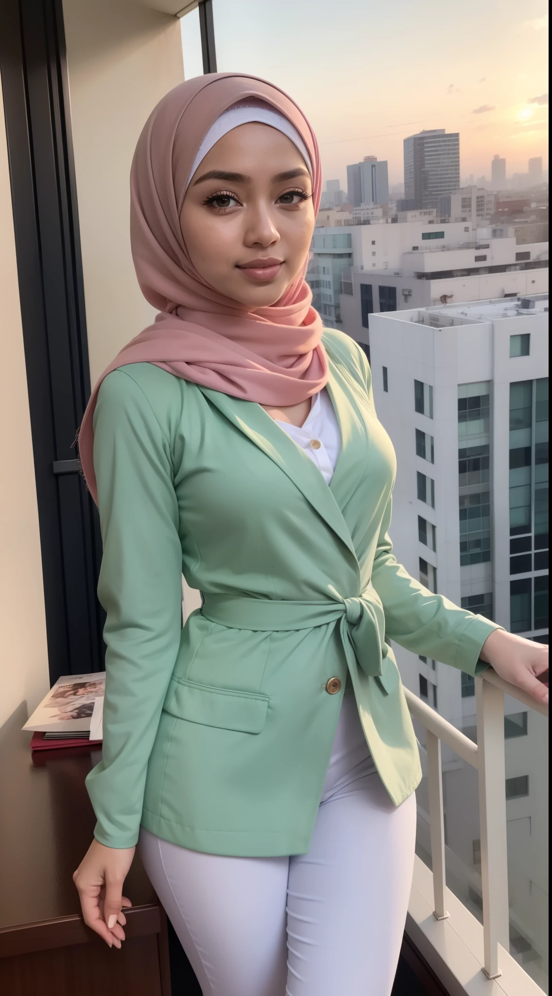 RAW, Best quality, high resolution, masterpiece: 1.3), beautiful Malay woman in hijab (iu:0.8), office balcony, morning, wearing hijab, pastel color hijab, random pastel office outfit, green suits, sunrise, morning,  big breast, flat chest, wide waist, thick thighs, bright lighting, high quality, ultra detail, 8k, professional photography, bokeh, blur background,