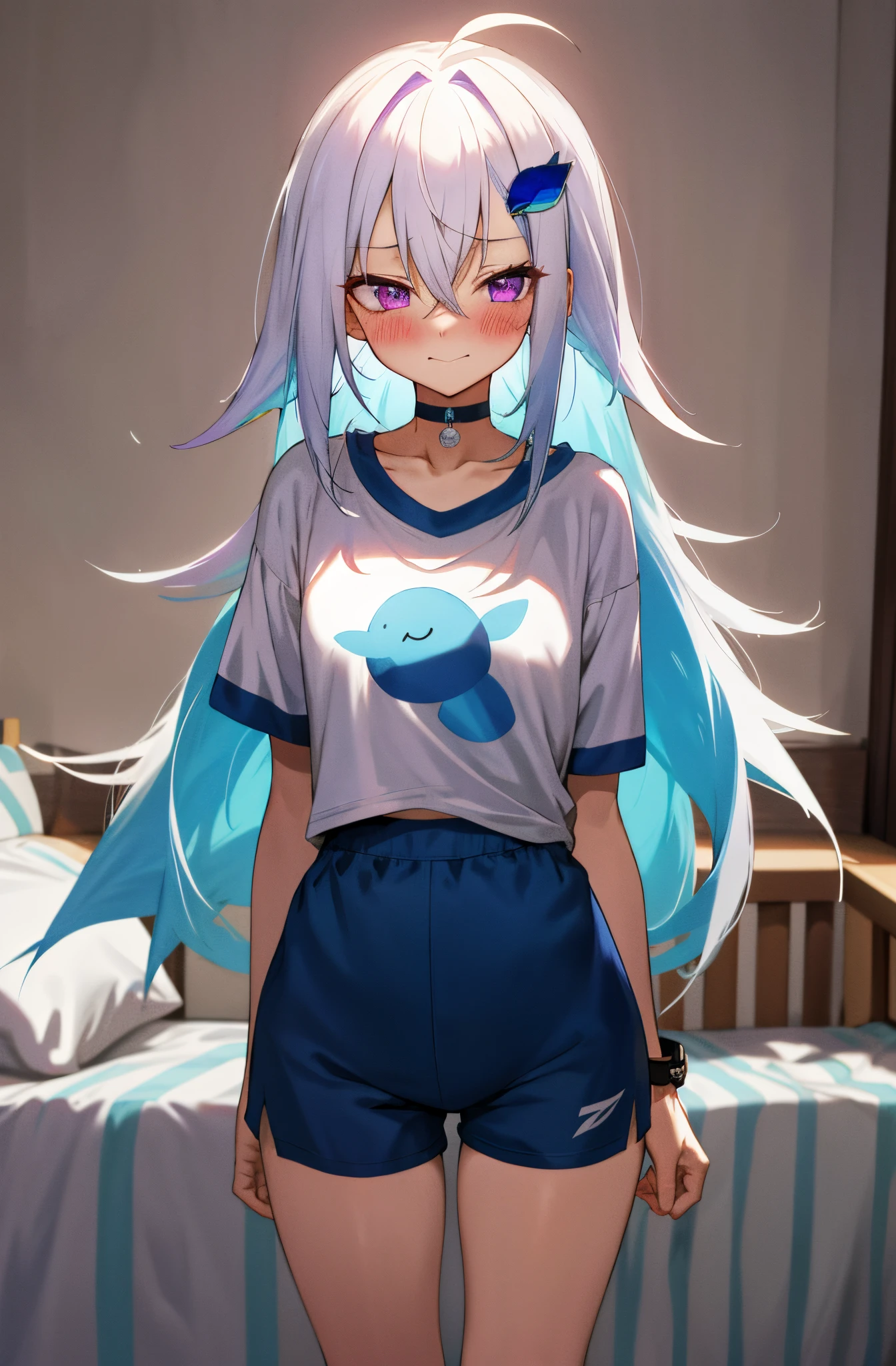 One girl with long messy hair, white hair, blue inner hair, purple eyes, looking at viewer, sleepy, blushing, embarrassed, little smile, wake up from sleep, t shirt, sport shorts, bedroom, thigh, slim, dizzy, choker, mid-chest, wide hips, perfect waist, morning atmosphere, hair ornament, standing,