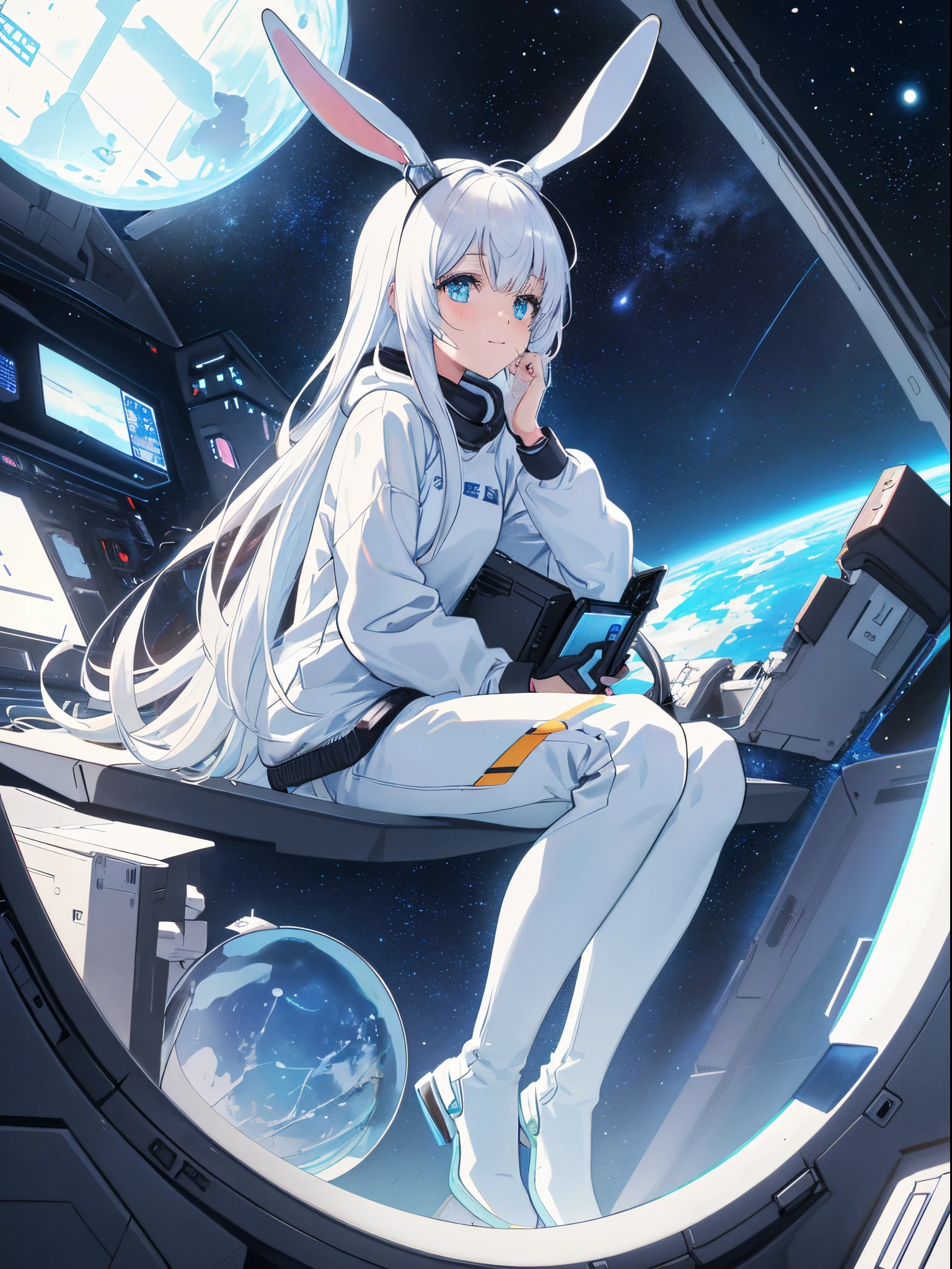((best qualtiy)), ((tmasterpiece)), ((ultra - detailed)), (illustratio), (Detailed light), (Extremely refined and beautiful), ((A cute girl with bunny ears sits in a spaceship,His face was filled with excitement and anticipation,Lying on the window with his hands,looks out the window,Outside the window is the vastness of the universe:1.2)),((cowboy lens)),((The outer sky landscape occupies most of the picture)), Stand sideways,Full-body photos, Stylish white sweatshirt, Stylish white sweatpants,Electronic accessories,sense of science and technology,cyber punk perssonage (beautidful eyes), long white hair,slender leg,(A spaceship cockpit full of technology),depth of fields,outerspace, planetes,stellar,Starcloud,milky ways, Negative space, Detailed background