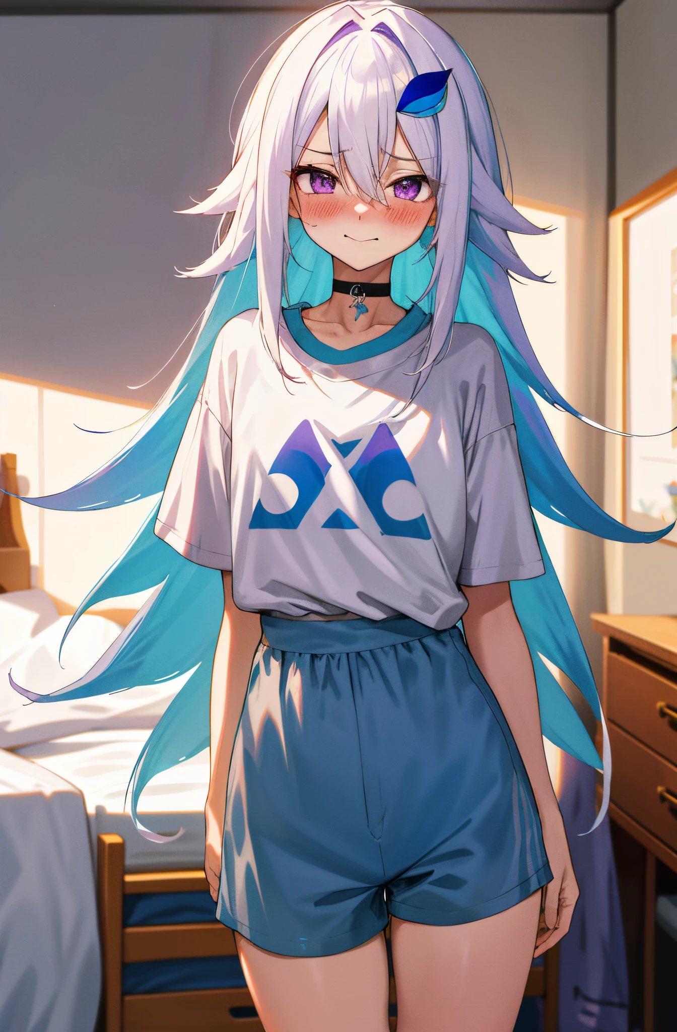 One girl with long messy hair, white hair, blue inner hair, purple eyes, looking at viewer, sleepy, blushing, embarrassed, little smile, wake up from sleep, t shirt, sport shorts, bedroom, thigh, slim, dizzy, choker, mid-chest, wide hips, perfect waist, morning atmosphere, hair ornament, standing,
