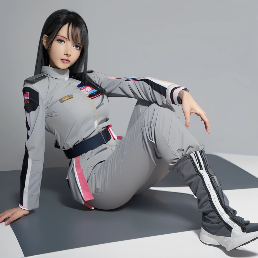 (masutepiece:1.2, Best Quality), 1 girl in, Blue eyes, jet-black hair, Pink inner hair, blue military uniform,(Gray white background:1.5),Full body,Breast,