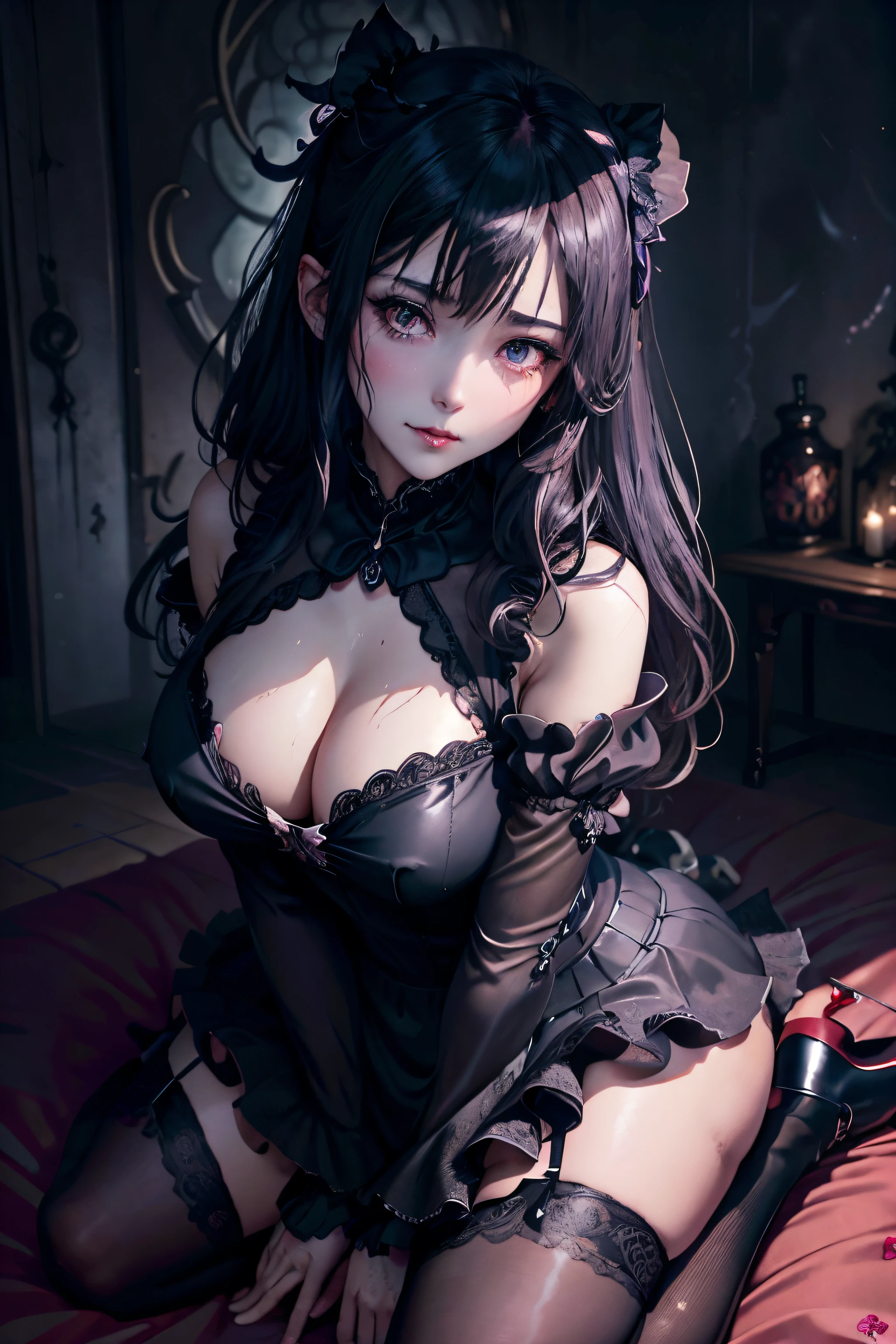Hard Dark Gothic Makeup、Maniacal、Deep night sky、horor、Black Dark Eyeshadow、crying how bright、mourn、Good skin luster、Long hair straight hair、Dark Gothic Makeup、Dark smile、Restless Palace、Expressions of sexual arousal、Fragrant beauty、22year old、Lying、seductiv、Strong sexual pleasure facial expressions、A look of shame、Dark Gothic、Gothic ta、bell sleeves、Wizard Sleeve、Obscene look、Stained glass background、masutepiece、Best Quality、Refers to 5 books、Sweat glitters on my chest、Expression of sexual pleasure in anguish、Drunken face、maid clothes、Mysterious、noble、Face holding back the toilet、flirty gothic lolithes、the body is wet and shiny、Transcendent sex appeal、Lots of glitter on the thighs、I'm sweating a lot、Affectionate smile、twin-tail hair、my thighs are so wet、jet black ruffle skirt、Shaded、right blue eye, left eye is red、Gothic bed covered with roses、Transcendent Bewitching Pose、all fours pose、Gravure photography、Arch the back、stick out buttocks、Sleep with your eyes closed、Pose、Crawling on all fours、Posing on the bed、knee high socks、thigh-high socks、A lot of sweat and stickiness on the thighs、Plenty of plump, shiny thighs、Sweat shining generously on the thighs、The whole body is shiny with sweat、Glamour、A sexy、platform heel shoes、Quite sweaty、My thighs are sweaty、mysterious dark makeup、breast size modest、black lipstick、Heavy dark gothic long dress、Makes your thighs look more glamorous、dark pink hair、stain glass、black metal world、sloppily open your legs、