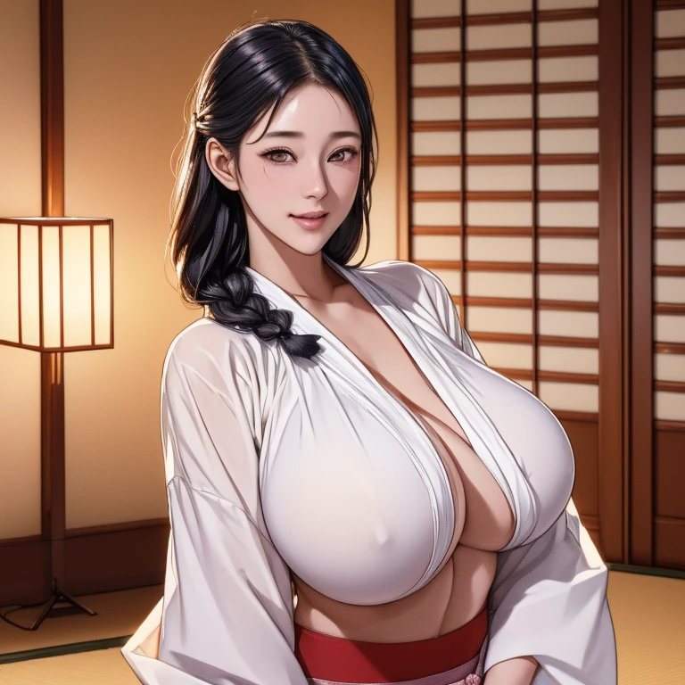 (Night:1.7), east asian architecture,
sitting at attention,sitting on Tatami,
White_kimono,
black_hair, long_hair, hair_pulled_back,parted_lips,purple_eyes, braid,
1 girl, Manga,20yo,mature female,Beautiful Finger,Beautiful long legs,Beautiful body,Beautiful Nose,Beautiful character design, perfect eyes, perfect face,
looking at viewer,(innocent_big_eyes:1.0),(Light_smile:1.0),
official art,extremely detailed CG unity 8k wallpaper, perfect lighting,Colorful, Bright_Front_face_Lighting,
(masterpiece:1.0),(best_quality:1.0), ultra high res,4K,ultra-detailed,
photography, 8K, HDR, highres, absurdres:1.2, Kodak portra 400, film grain, blurry background, bokeh:1.2, lens flare, (vibrant_color:1.2)
(Beautiful,gigantic_Breasts:1.4), (beautiful_face:1.5),(narrow_waist),(cutout between underboob and へそ:1.4),