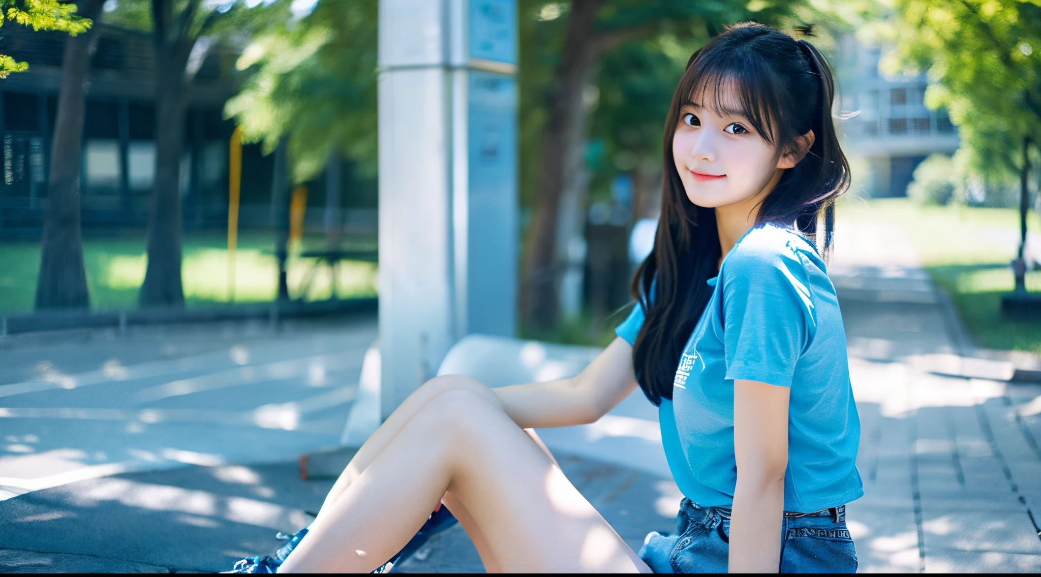 Cute female college student, 18 years old, wearing a blue miniskirt