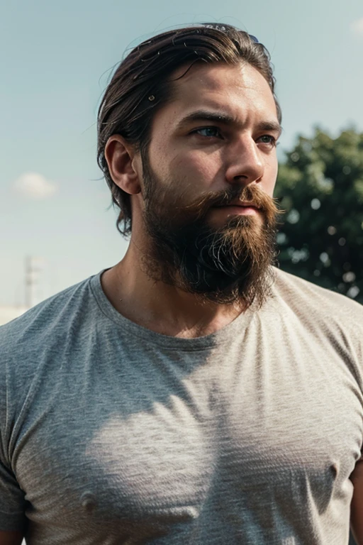 young hardworking man, beard,masculine,sharp nose,medium length hair,fair skin,movies type resemblence, simple background,looking at sky,focusing on face,little filters,american,full beard, movie character