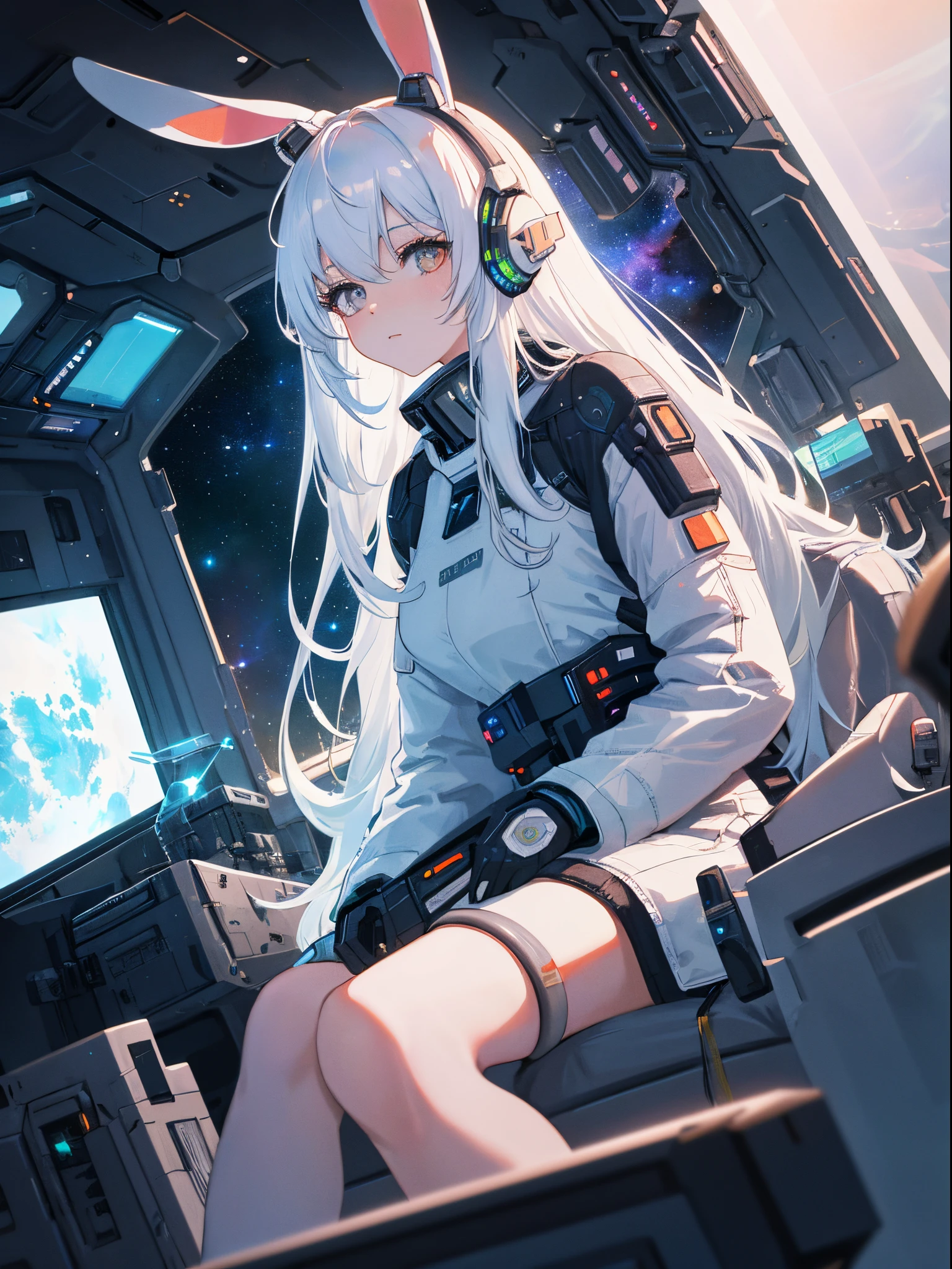 cute girl in a spaceship, sitting, buttons, tecnological, asteroids, space suit, without helmet, glass, space window, gorgeous, (masterpiece), best quality, expressive eyes, perfect face, sensual, colorfull eyes, reflections,amazing,