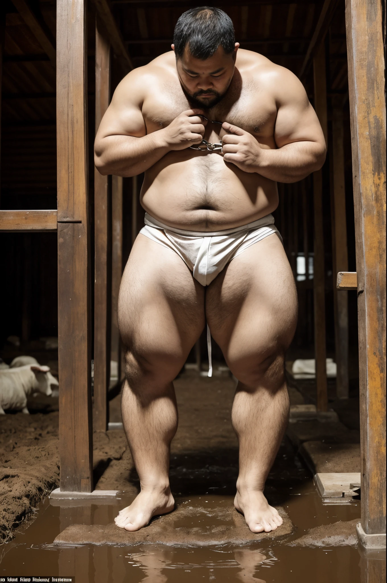 The fat man is chained and restrained like a livestock, 50 years old, Japan, oriental, little man, Short stature, Long Torso, short legs, dirty, Wearing a shabby loincloth, Ivory white、With skid mark, white briefs, thong, toppless, Barefoot, Shy, tearful, sob, Bowleg, Focus your attention, There is a puddle at his feet, Livestock barns, a picture, high detail photo, masutepiece