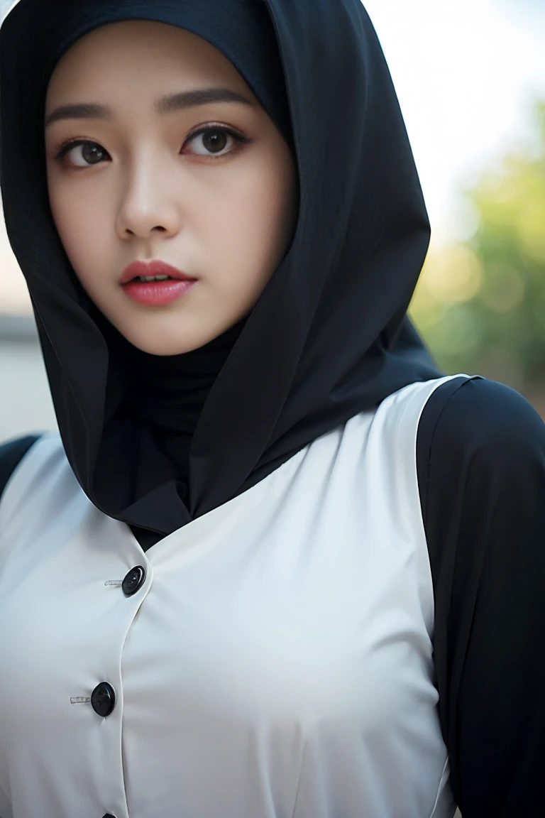 (best quality, masterpiece, ultra detail, ultra detailed 8k CG), mature female, hijab, black hijab, wearing black shirt and white suit, big breast, serious expression, looking to viewer, medium close shot, (facing viewer), depth of field, outdoor,