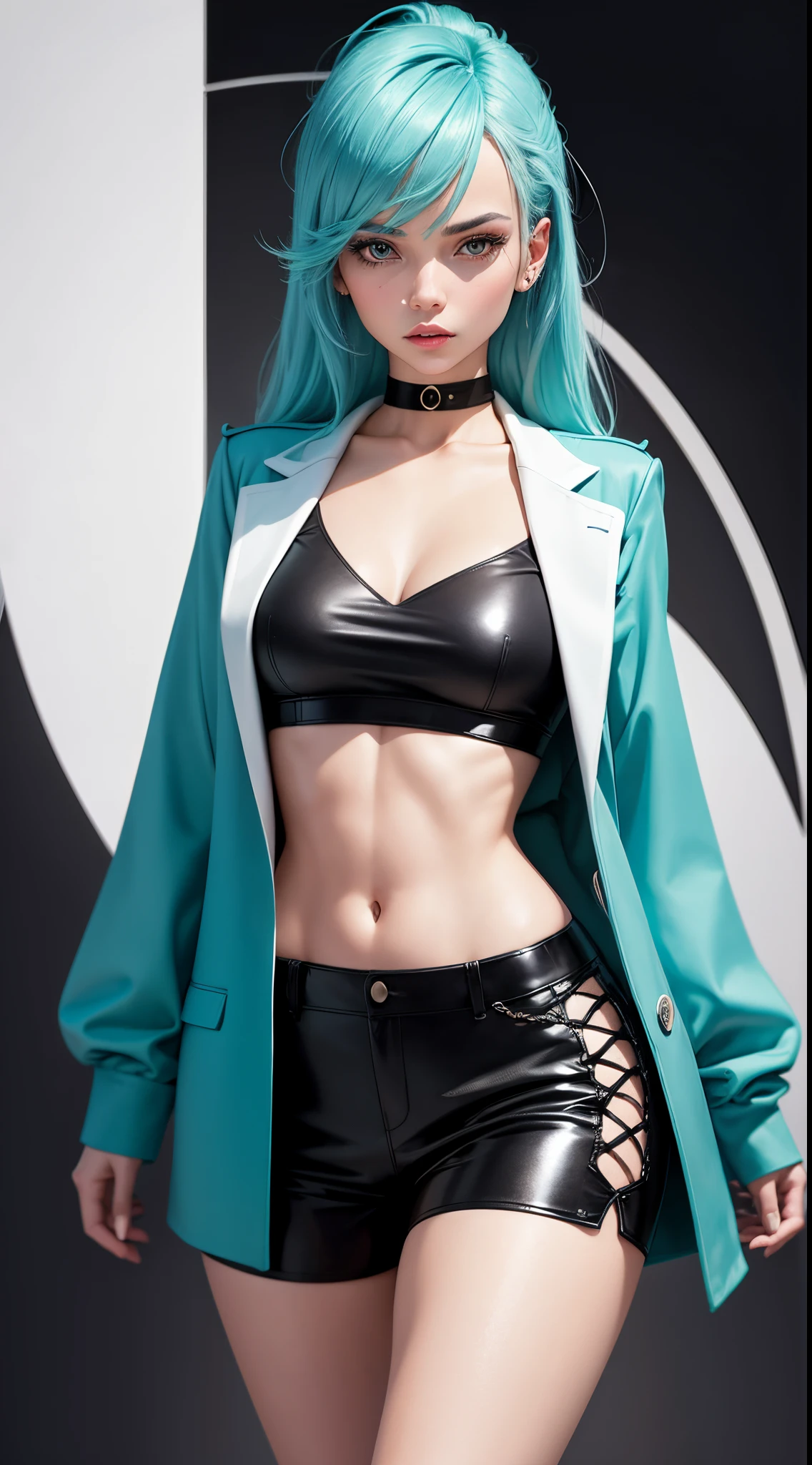 8K, Top Quality, Intricate Details, Ultra Detail, Ultra High Resolution, Masterpiece, close up shot, (full body: 1.1), Slender, Smile, (Makeup: 0.4), (Fluffy blue Eyes: 1.21), (()), 1girl, solo, 1 girl, ((blue hair, bangs)), close up shot, , ((tall)), (((fit body))), (((slim face))), sharp face, (()) ,(detailed face), sharp face, small lips, , , ,
((, )), , ((cyber neon suit)), detailed face, detailed breast, , ((large breast, huge , , Narrow Waist, Skinny, tall , 190 cm tall, Muscular, Navel, Exposed Abdomen, Pointed Chest,, Beautiful girl with accentuated slender abs: 1.4, Six Pack Abs: 1.4, Bust Botox, Big, Perfect Body, detail leg, (( dark background)), black background,