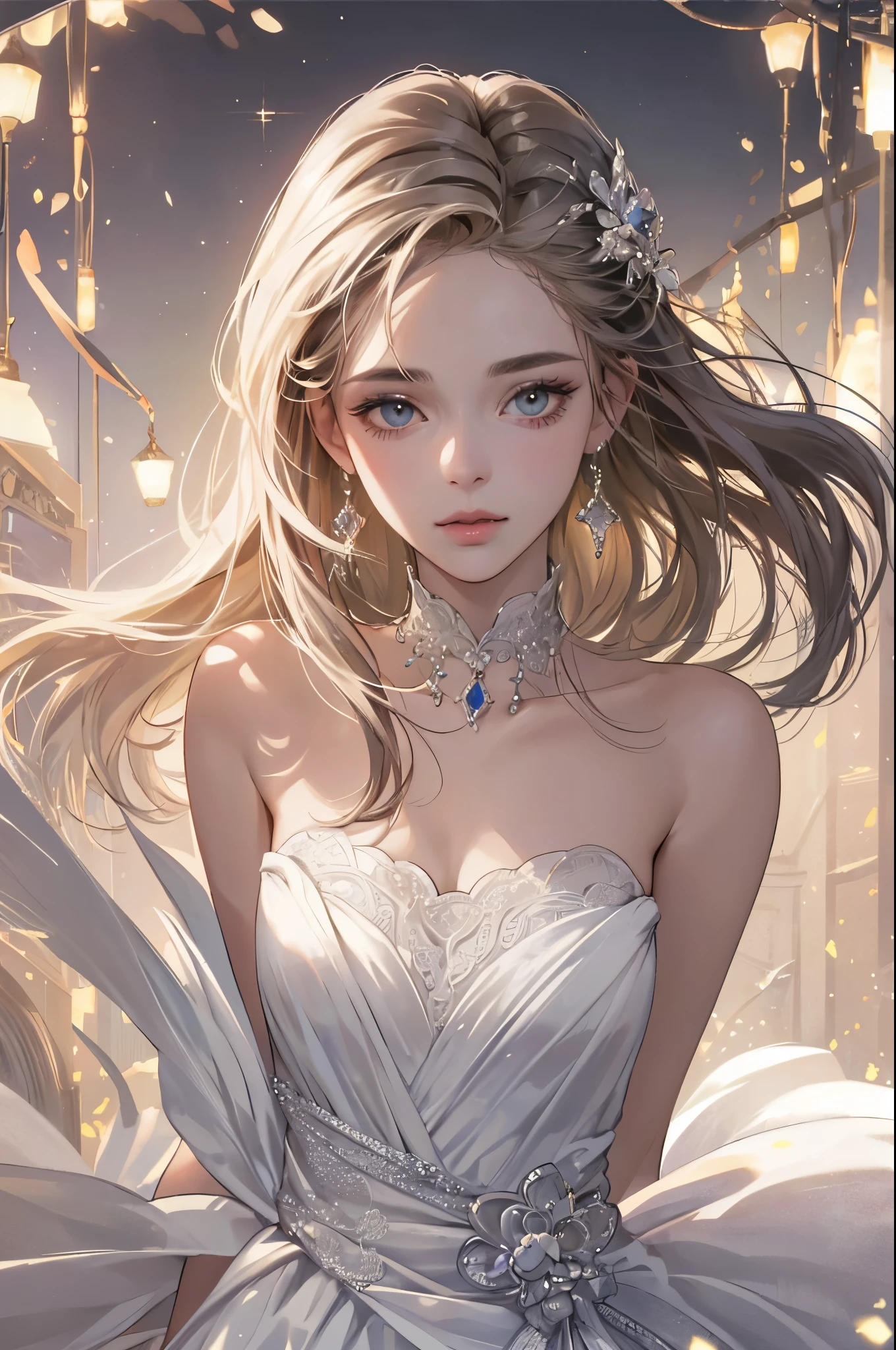 masterpiece, best quality, High quality texture, angel, a realistic representation of the face, semi-realistic, long voluminous detailed light blonde hair, blue eyes, light pretty floral bokeh, lace dress, volumetric lighting, runway fashion model
