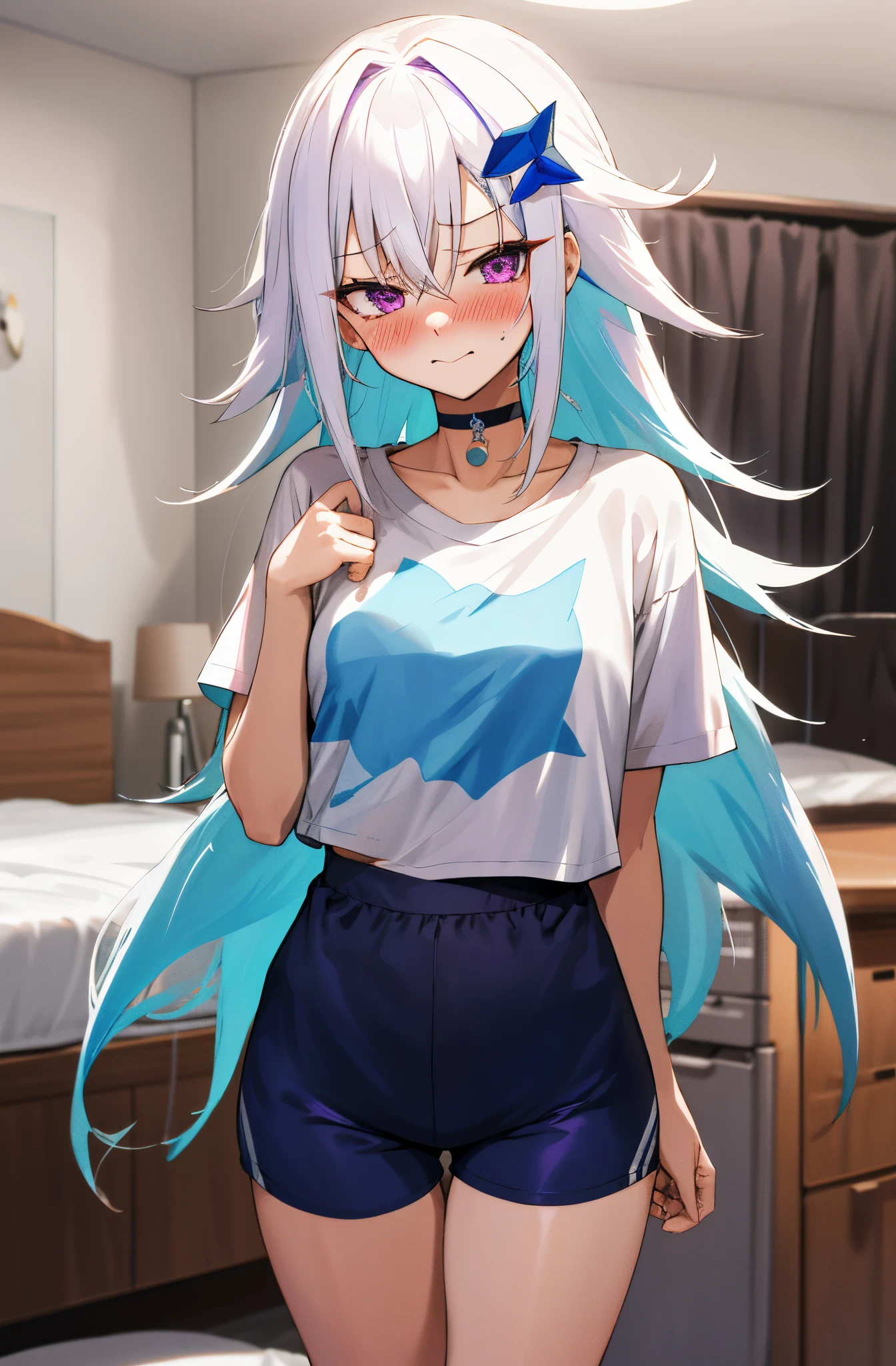 One girl with long messy hair, white hair, blue inner hair, purple eyes, looking at viewer, sleepy, blushing, embarrassed, little smile, wake up from sleep, t shirt, sport shorts, bedroom, thigh, slim, dizzy, choker, mid-chest, wide hips, perfect waist, morning atmosphere, hair ornament, standing,