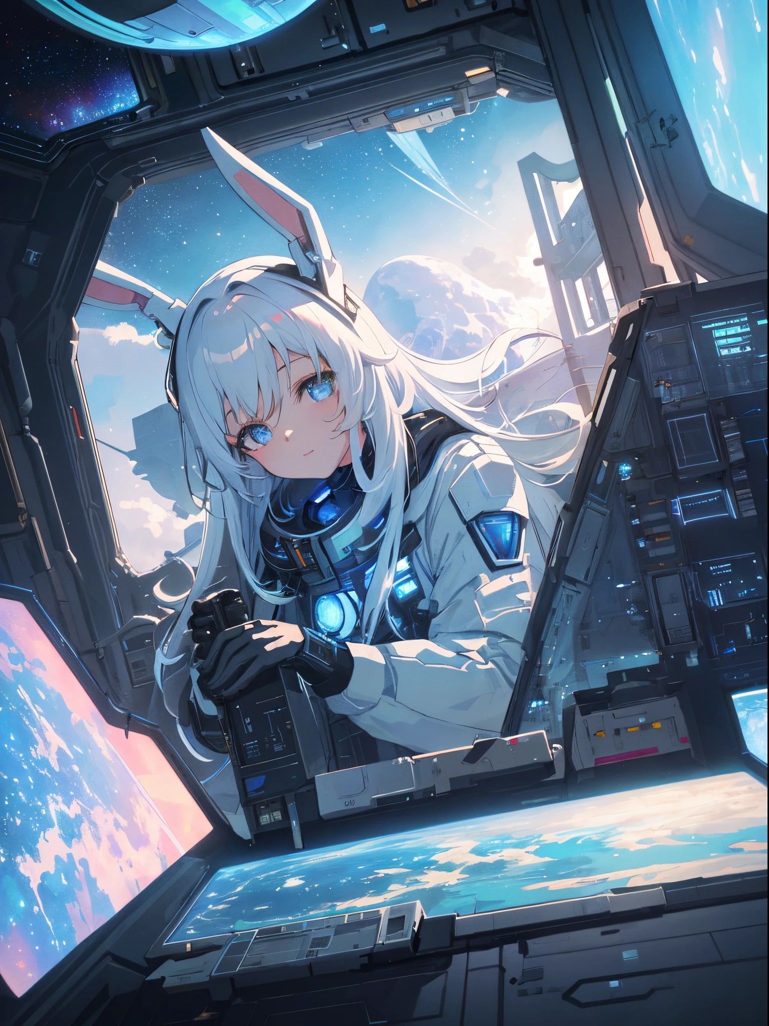 ((best qualtiy)), ((tmasterpiece)), ((ultra - detailed)), (illustratio), (Detailed light), (Extremely refined and beautiful),((The outer sky landscape occupies most of the picture)), The spaceship is flying in outer space. A girl with long white hair and bunny ears sits in the cockpit of a sci-fi spaceship and looks out the window. She saw the cosmic scenery outside the window. Long white hair, face close-up, long perspective, (A spaceship cockpit full of technology),depth of fields,4K, universe, nebula, galaxy, starship, alien spacecraft, window, machinery, cyberpunk,Detailed background