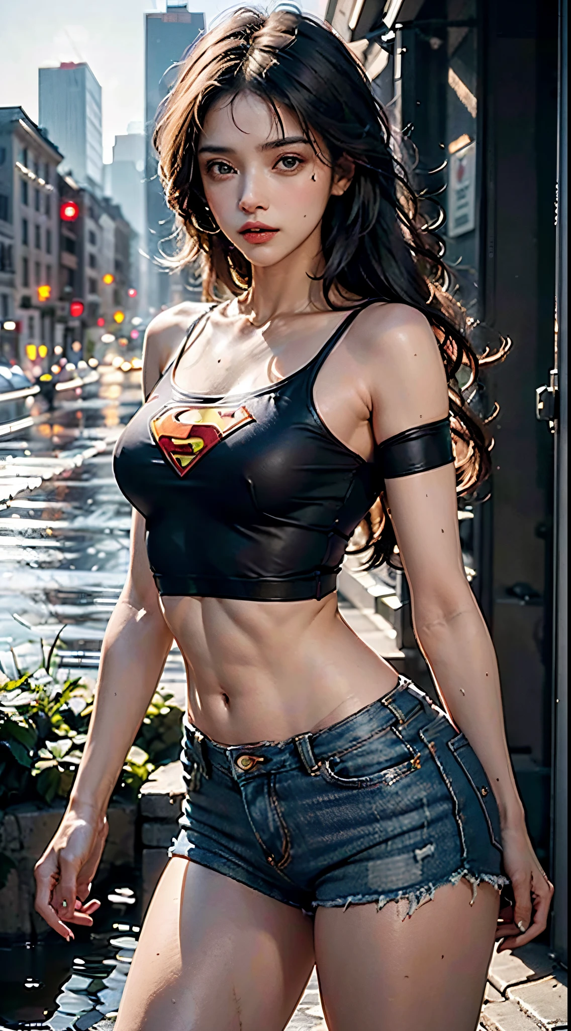 8K, Top Quality, Intricate Details, Ultra Detail, Ultra High Resolution, Masterpiece, close up shot, (full body: 1.1), Slender, Smile, (Makeup: 0.4), ,(( red eyes, black hair, bangs, long hair)), (Fluffy Eyes: 1.21), (()), 1girl, solo, 1 girl, ((Tifa,Tifa・lockhart,Final Fantasy 7,FF7,l)), close up shot, , ((tall)), (((fit body))), (((slim face))), sharp face, (( superman suit)) ,(detailed face), sharp face, small lips, , ,(( )) ,, ,
((, )), , (( )), detailed face, detailed breast, large breast ,huge breast, detail nipples ,, Narrow Waist, Skinny, tall , 190 cm tall, Muscular, Navel, Exposed Abdomen, Pointed Chest,, Beautiful girl with accentuated slender abs: 1.4, Six Pack Abs: 1.4, , Perfect Body, detail legs, (( dark background)), black background,