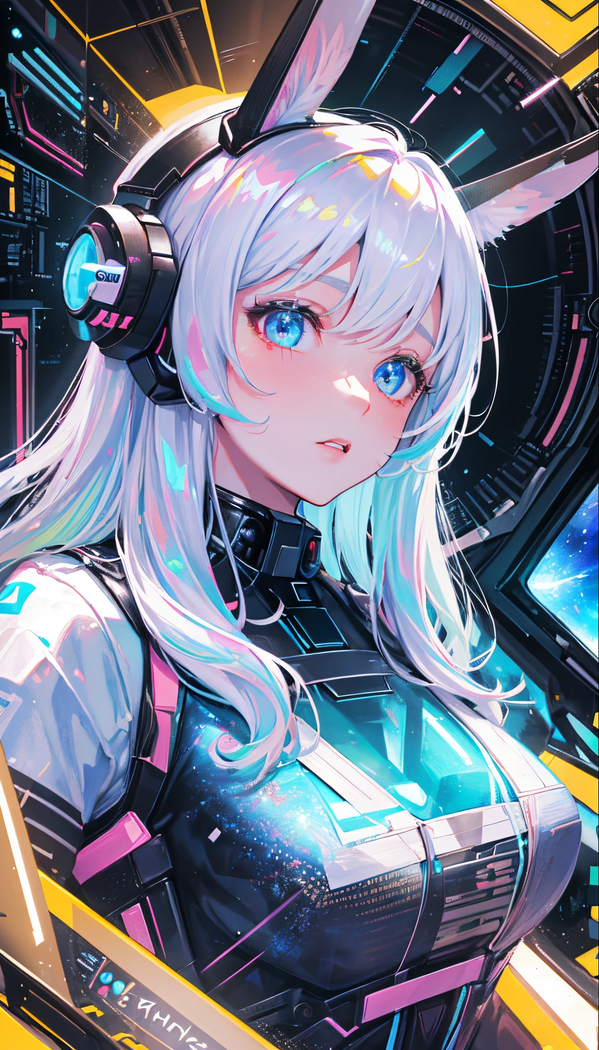 ((best qualtiy)), ((tmasterpiece)), ((ultra - detailed)), (illustratio), (Detailed light), (Extremely refined and beautiful),((The outer sky landscape occupies most of the picture)), The spaceship is flying in outer space. A girl with long white hair and bunny ears sits in the cockpit of a sci-fi spaceship and looks out the window. She saw the cosmic scenery outside the window. Long white hair, face close-up, long perspective, (A spaceship cockpit full of technology),depth of fields,4K, universe, nebula, galaxy, starship, alien spacecraft, window, machinery, cyberpunk,Detailed background,anime waifu, looking at viewer, highly detailed, reflections transparent iridescent colors, long transparent iridescent RGB hair, artby Serafleur from artstation, thick acrylic,Illustration on pixiv,The huge spaceship cockpit figure is relatively small,The character style rendered by Octane,