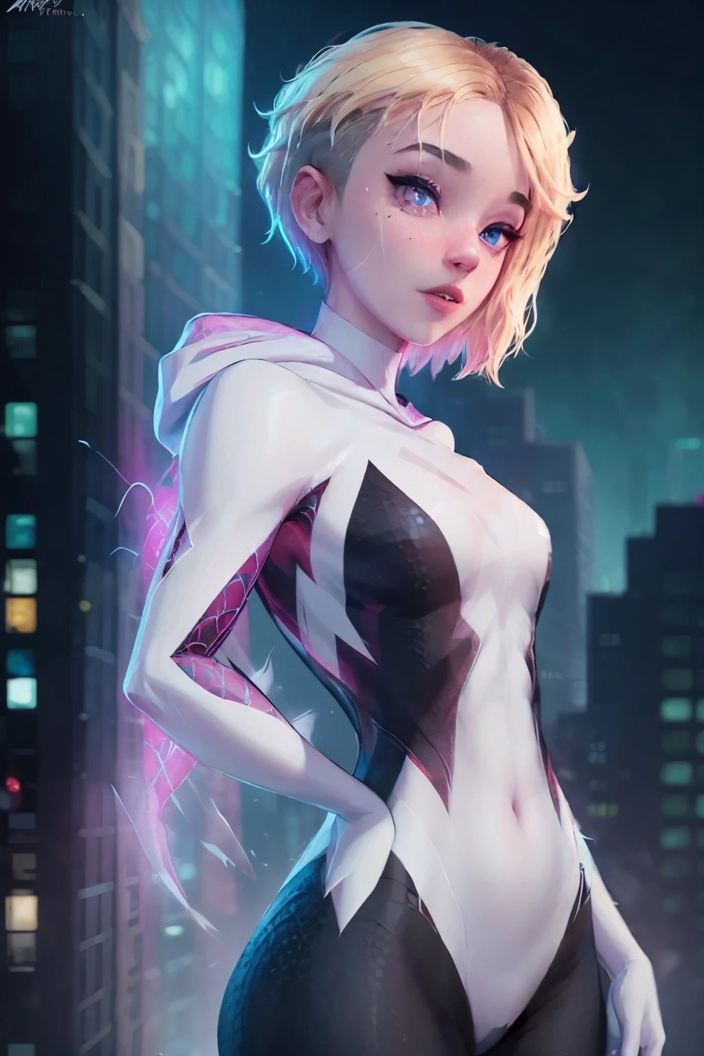 ghost spider, gwen in a black outfit with spider in the center of his chest in white, organic looking outfit, gooey forehead, symbiote, white eyes, fine art, ps5 cinematic screenshot,highly detailed detailed cinematic rendering, ultra photorealistic raytricing, with cinematic lighting