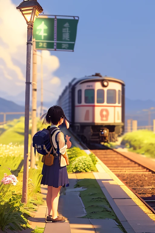 An arafe girl standing on the station platform with a backpack on her back, japan rural travel, Lonely girl waiting for train, by Yasushi Sugiyama, train station in summer, by Maeda Masao, by Kaii Higashiyama, by Hiroshi Honda, Train far away, by Yokoyama Taikan, by Tsubasa Nakai