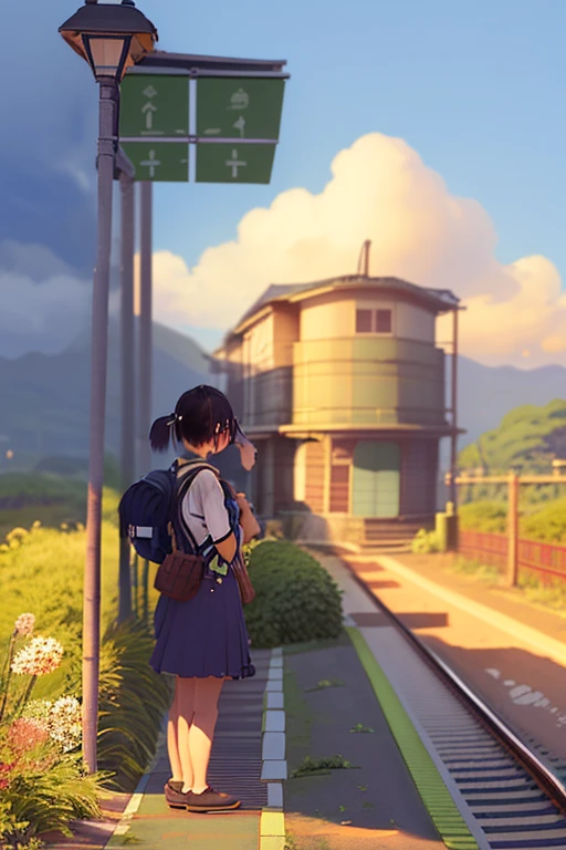 An arafe girl standing on the station platform with a backpack on her back, japan rural travel, Lonely girl waiting for train, by Yasushi Sugiyama, train station in summer, by Maeda Masao, by Kaii Higashiyama, by Hiroshi Honda, Train far away, by Yokoyama Taikan, by Tsubasa Nakai