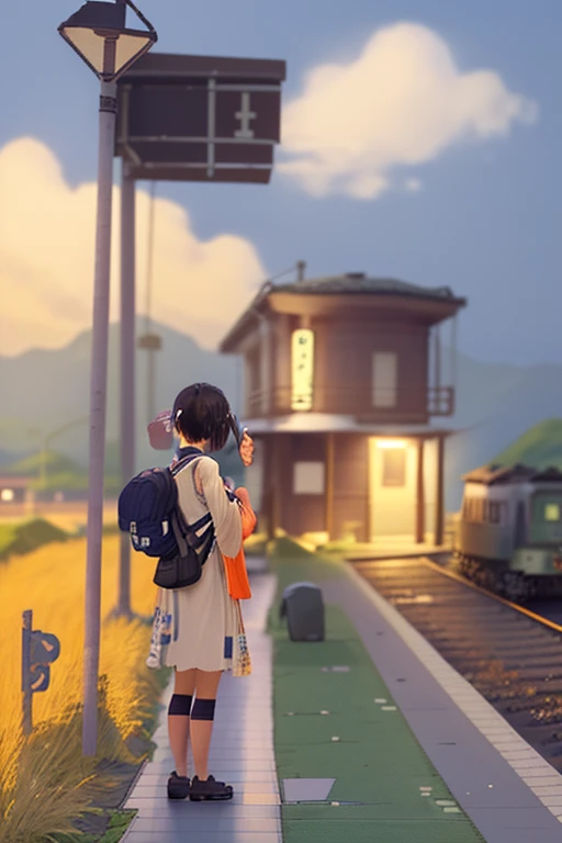 An arafe girl standing on the station platform with a backpack on her back, japan rural travel, Lonely girl waiting for train, by Yasushi Sugiyama, train station in summer, by Maeda Masao, by Kaii Higashiyama, by Hiroshi Honda, Train far away, by Yokoyama Taikan, by Tsubasa Nakai