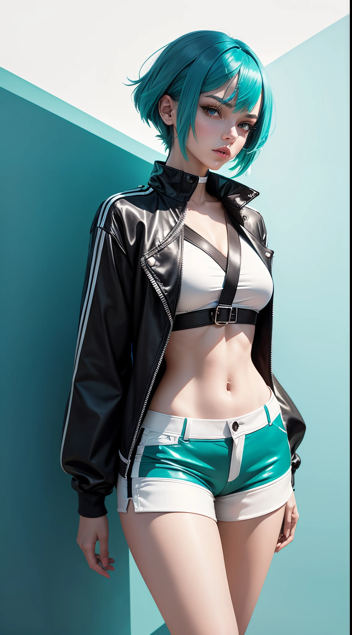 Generate an image featuring a woman with vibrant blue hair, dressed in a white cropped top and black shorts. Place her against a modern 2D background with sleek and contemporary design elements. Emphasize the contrast between her colorful hair and the monochromatic outfit, capturing a stylish and fashionable look against the modern backdrop. Incorporate elements like dynamic shapes or patterns in the background to enhance the overall visual appeal of this modern and chic representation.