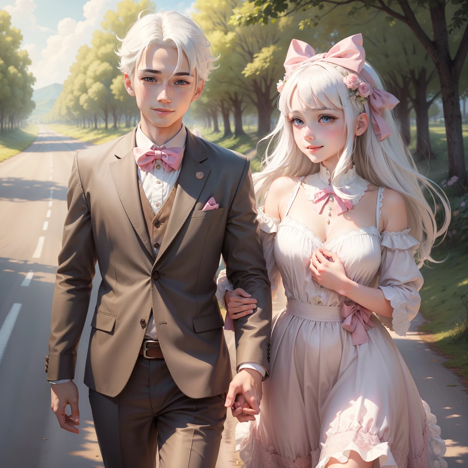 Masterpiece, real, best quality, super detailed, illustration, beautiful detailed eyes, close-up, with a boy and a girl. It is white hair, healing smile, pink bow, holding hands, walking on the country road