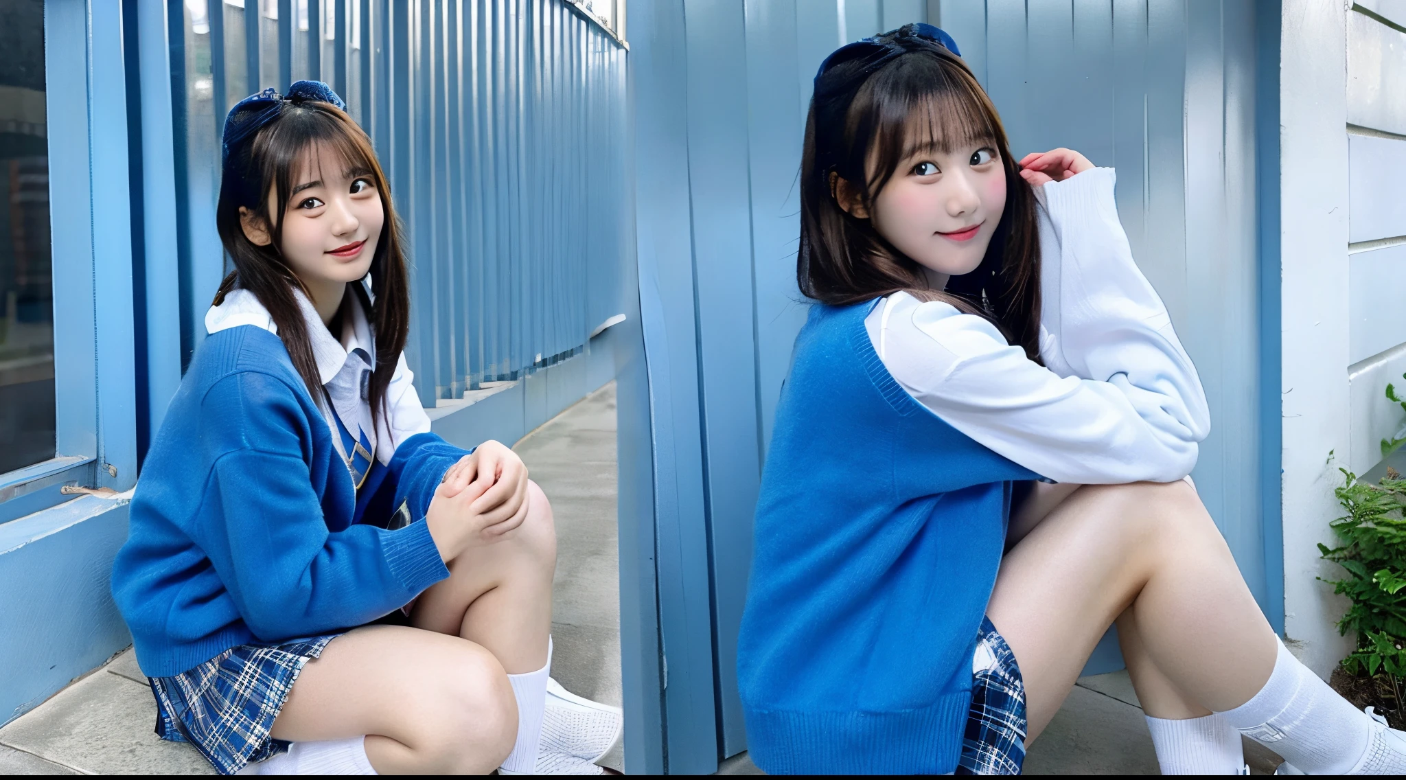 Cute high school girl 18 years old wearing a blue miniskirt