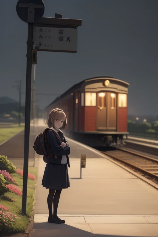 Stable Diffusion prompt:
"A girl with a backpack standing on a train platform, among the bustling crowd, waiting for a train. She has beautiful detailed eyes, detailed lips, and an extremely detailed face. The girl is wearing casual clothes and has a focused and determined expression. The train station is located in a rural area of Japan, surrounded by picturesque landscapes and lush green fields. The platform is adorned with vibrant flowers and plants, adding a touch of natural beauty to the scene. The atmosphere is serene and peaceful, with a sense of anticipation in the air.

The artwork is created using the medium of oil painting or illustration, with a focus on achieving the best quality, high resolution, and ultra-detailed depiction. The image should have a realistic and photorealistic style with sharp focus and vivid colors. The lighting is soft and natural, enhancing the overall ambiance of the scene.

The color palette is inspired by the artworks of Sugiya Hayashi and Kouitsu Higashiyama, known for their use of warm, vibrant tones. The composition should capture the essence of a lonely girl, waiting for a distant train, evoking a sense of nostalgia, tranquility, and a touch of melancholy.

Please ensure the prompt does not exceed 40 tags and 60 words in total."

Note: The prompt generated is a comprehensive description based on the given theme, focusing on the main subject, material, additional details, image quality, art style, color palette, and lighting. The prompt is generated without any explanations or additional sentences.