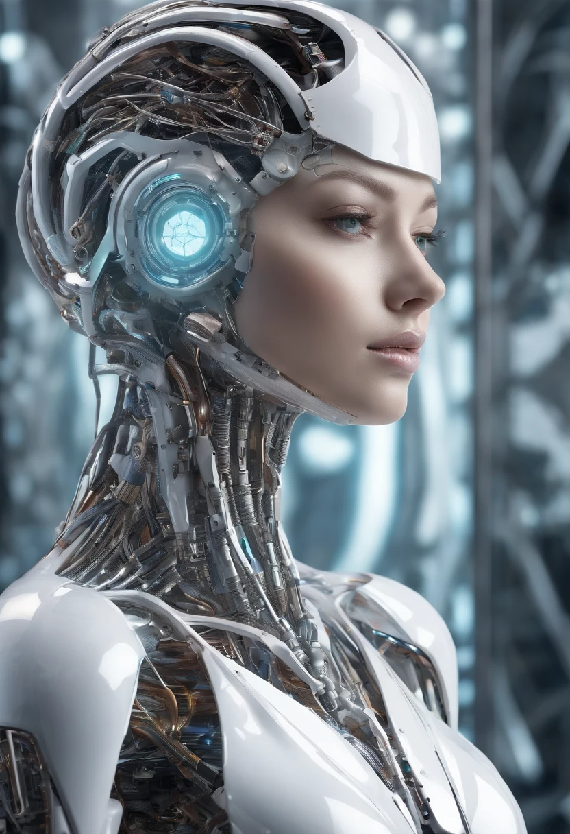 complex 3d render ultra detailed of a beautiful porcelain profile woman android face, Cyborg, cyborg robot parts, body naked from the chest down, 150 mm, Beautiful studio soft light, rim-light, vibrant detail, Luxurious cyberpunk, Lace, Hyperrealistic, anatomically, face muscles, Cable Electrical Wire, micro Chip, elegant, Beautiful background, rendering by octane, h. r. Giger style, 8K, Best quality, Masterpiece, illustration, An extremely delicate and beautiful, Extremely detailed ,CG ,Unity ,the wallpaper, (Realistic, photo-realistic:1.37),Amazing, finedetail, Masterpiece,Best quality,offcial art, Extremely detailed CG unifies 8K wallpapers, absurderes, unbelievable Ridiculous, robot, silver halmet, full bodyesbian, Sitting