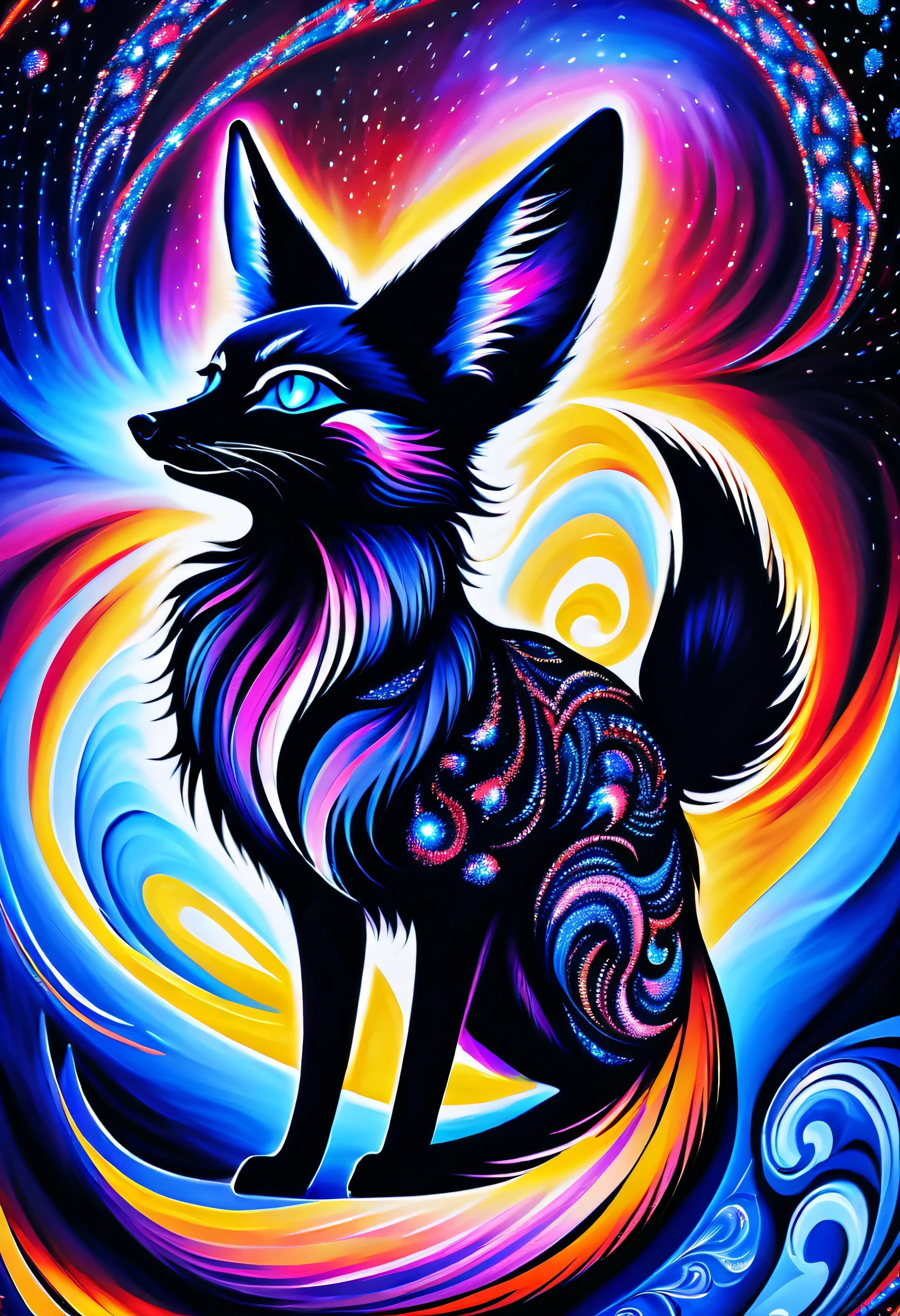 stunning black_light paint art poster, Black_light style, seductive beauty, cool and twister, Crystals shine and overflow, create a fantastic illusion, Emits fire, water, and flashes, Mysterious beauty, elegant twist, Swirls and sparkling glass, dazzling cyber fennec fox, Nebula Sky, (((highly intricate detail:1.3))), (((Breathtakingly beautiful:1.3))), Stunningly beautiful visual quality, epic trance,