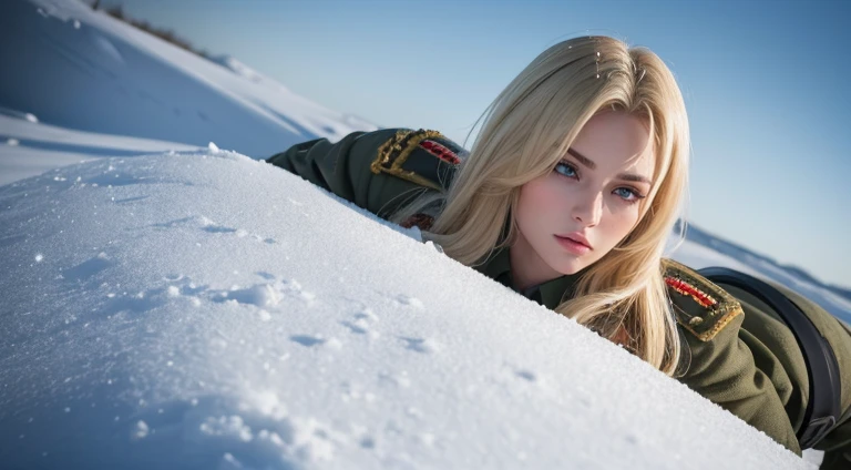 (best quality,4k),(melhores detalhes),(ultra realistic),Kai'sa, soldado russa mulher segurando um fuzil moderno branco. The woman is beautiful, she is very beautiful, she is blonde and has blue eyes, and is wearing a white Russian military uniform camouflaging himself with the snow around him. His rifle is also white and is very detailed..