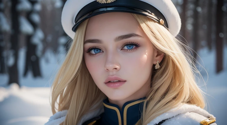 (best quality,4k),(melhores detalhes),(ultra realistic),Kai'sa, soldado russa mulher segurando um fuzil moderno branco. The woman is beautiful, she is very beautiful, she is blonde and has blue eyes, and is wearing a white Russian military uniform camouflaging himself with the snow around him. His rifle is also white and is very detailed..