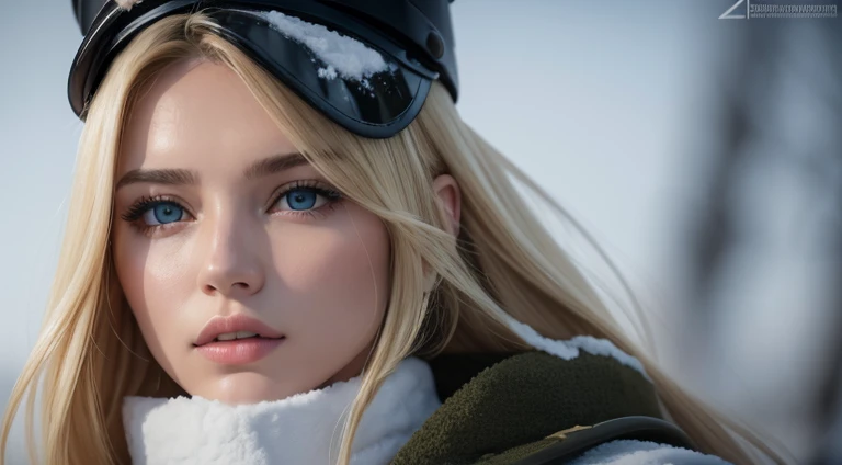(best quality,4k),(melhores detalhes),(ultra realistic),Kai'sa, soldado russa mulher segurando um fuzil moderno branco. The woman is beautiful, she is very beautiful, she is blonde and has blue eyes, and is wearing a white Russian military uniform camouflaging himself with the snow around him. His rifle is also white and is very detailed..