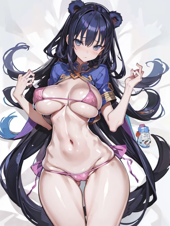 masutepiece,Best Quality,Ultra-detailed,High resolution,Unity 8k壁纸,super detailed skin,Cinematic lighting,Beautiful detailed eyes,Ideal ratio body proportions,(gigantic breasts:1.4), bikini of, underboob, Small bikini,((slim)), Thin, an hourglass figure, Toned, Flat belly, (wide hips), (bear a child on the hip), micro bikini, thick thighs