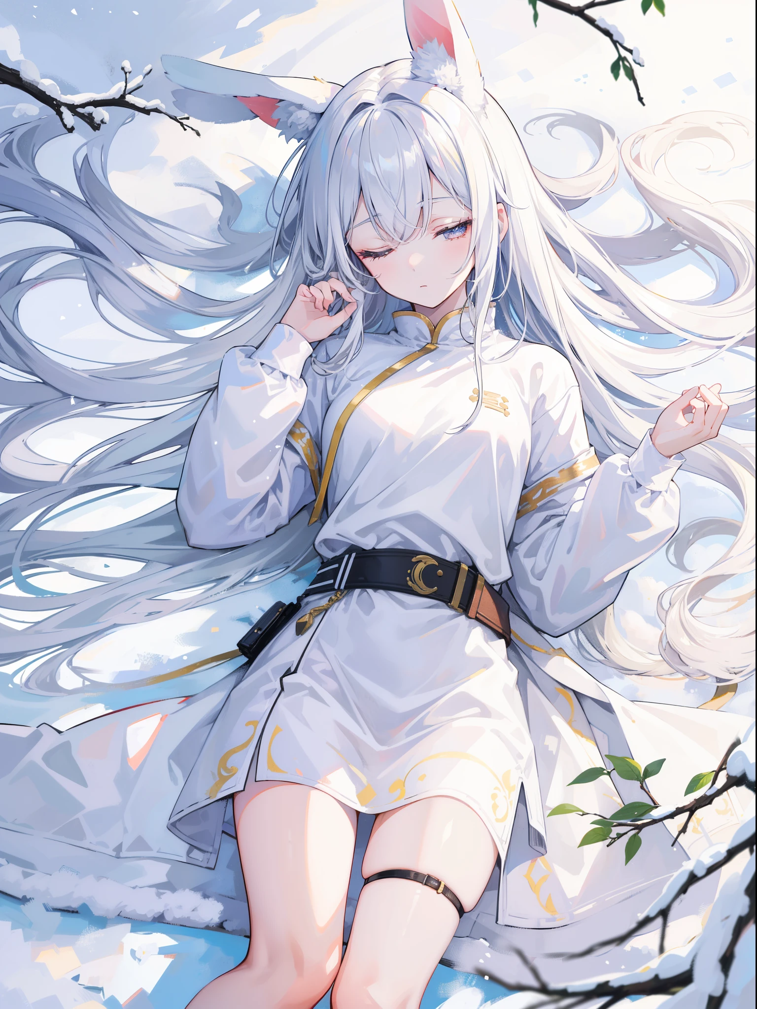 ((Best quality at best)), ((tmasterpiece)), ((超詳細)), (inspiring), (detailedlight), (Extremely Delicately Beautiful), The girl with rabbit ears was injured and fainted on the ground, With his eyes closed, White trench coat, lie next to her, white fashion sweater, White slack pants, athletic sneakers, Long white hair, Winters, grassy, honeysuckle bush, Long white hair, Colored inner hair, Unconscious girl, With his eyes closed, curled up naked body, grass covered with snow, Bushes covered with snow, snow landscape, nigh sky, detailedbackground