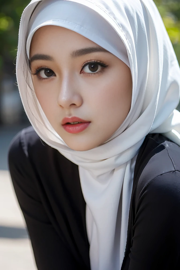 (best quality, masterpiece, ultra detail, ultra detailed 8k CG), mature female, hijab, black hijab, wearing black shirt and white blazer, big breast, serious expression, looking to viewer, medium close shot, (facing viewer), depth of field, outdoor,