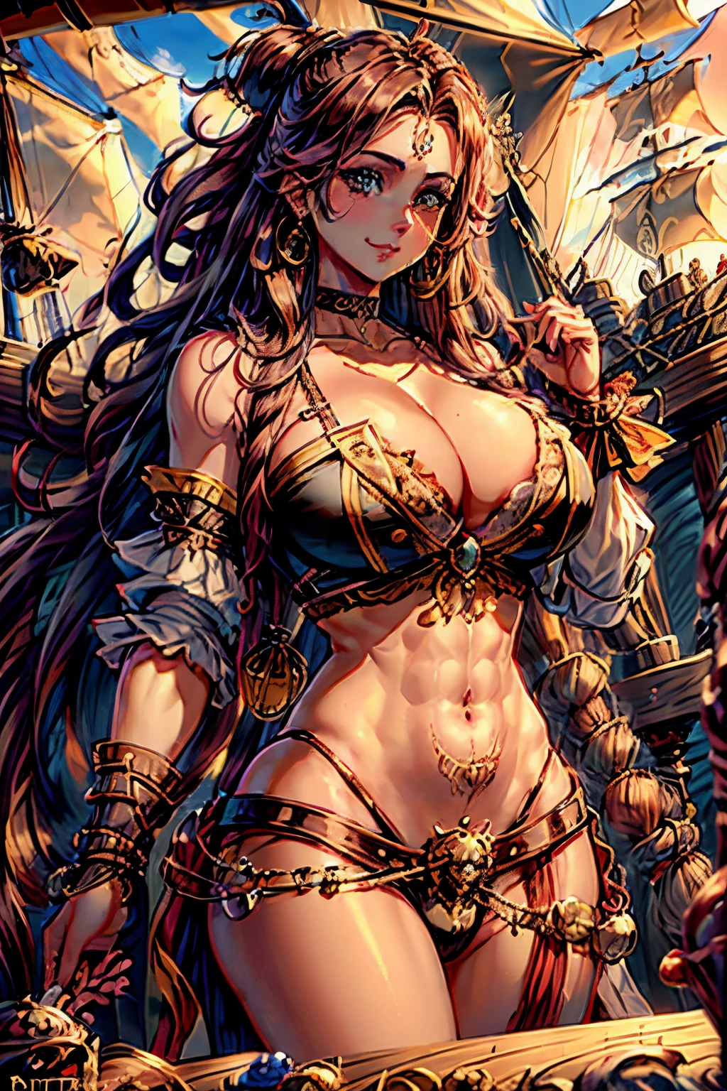 long hair, choker. busty (((DD-size breasts))), wide hips. lythe figure, curvy, voluptuous figure, sexy pirate, pirate blouse, tight pirate pants, posing on a pirate ship, Flirty smile, trending on Artstation, digital art, 20-year-old ( face a combination of Ana de Armas and Salma Hayek), seductive, gorgeous goddess, anime style, HD, UHD, wavy hair, golden nose ring, gazing lovingly at the viewer,
