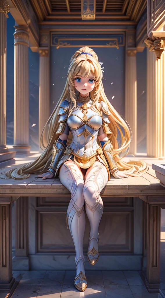standing straight symmetrical, full body, solo girl looking to the camera, (8K, best quality:1.2), (masterpiece:1.37), (photo, photorealistic:1.37), (ultrahigh-res), full body, (sit on the floor), dynamic pose, slow motion, female paladin wearing the up part body, (light silver armour:1.2),(ornately decorated armor), (insanely detailed, bloom:1.5), (highest quality, Alessandro Casagrande, Greg Rutkowski, Sally Mann, concept art, 4k), (analog:1.2), (high sharpness), (detailed pupils:1.1), detailed face and eyes, Masterpiece, best quality, (highly detailed photo:1.1), (long blonde Hair, blue eyes, ponytail, ecstatic:1.1), (young woman:1.1), sharp, (perfect body:1.1), realistic, real shadow, 3d, (temple background:1.2), (by Michelangelo), photographed by Canan EOS R6, 135mm, 1/1250s, f/2.8, ISO 400