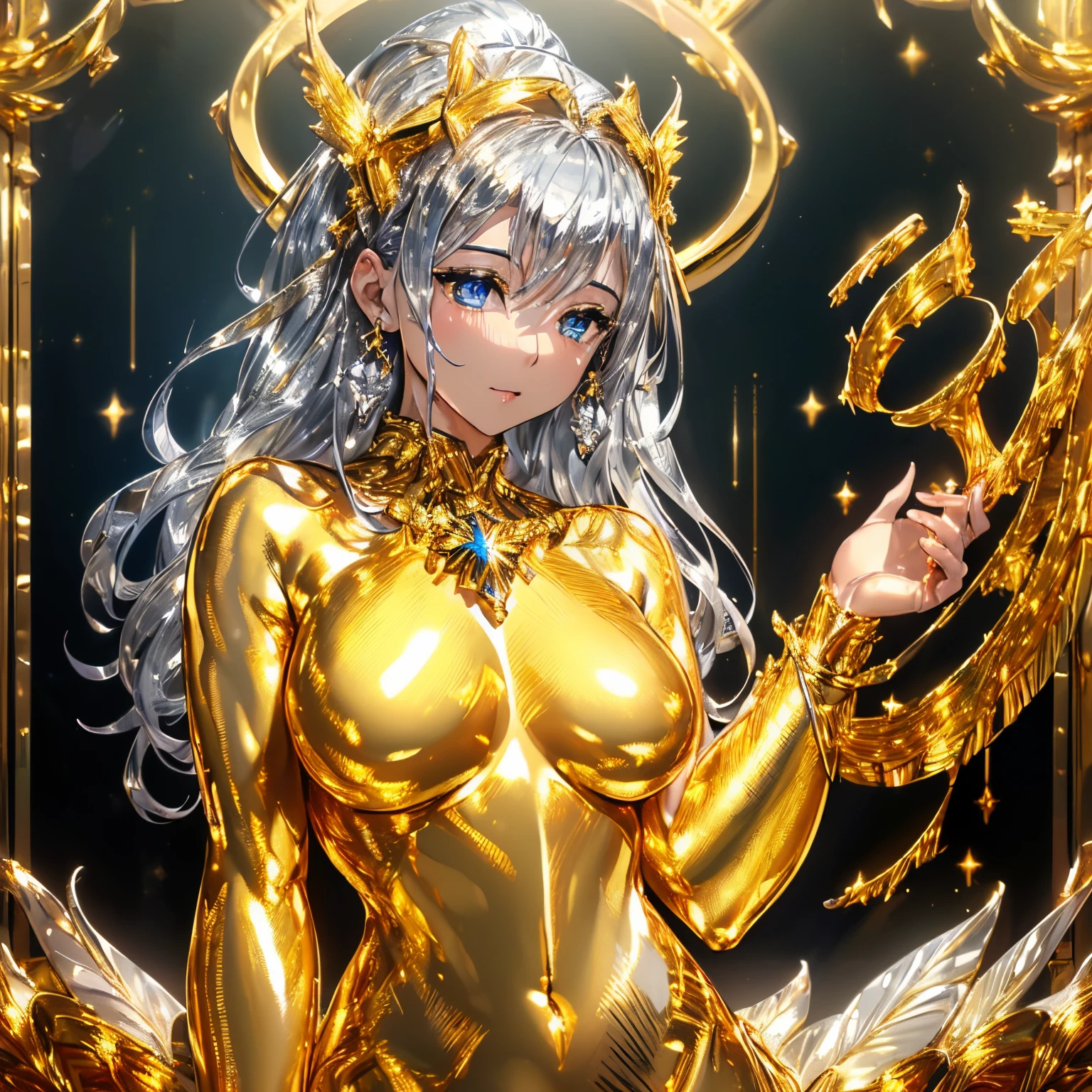 super high quality, 8k, RAW photo, realistic, detailed and delicate depiction and flashy and dynamic painting method, beautiful goddess statue made of (shiny metallic gold plated and shiny metallic silver plated:1.7), artwork illuminated by black light, many shining jewels, dark room