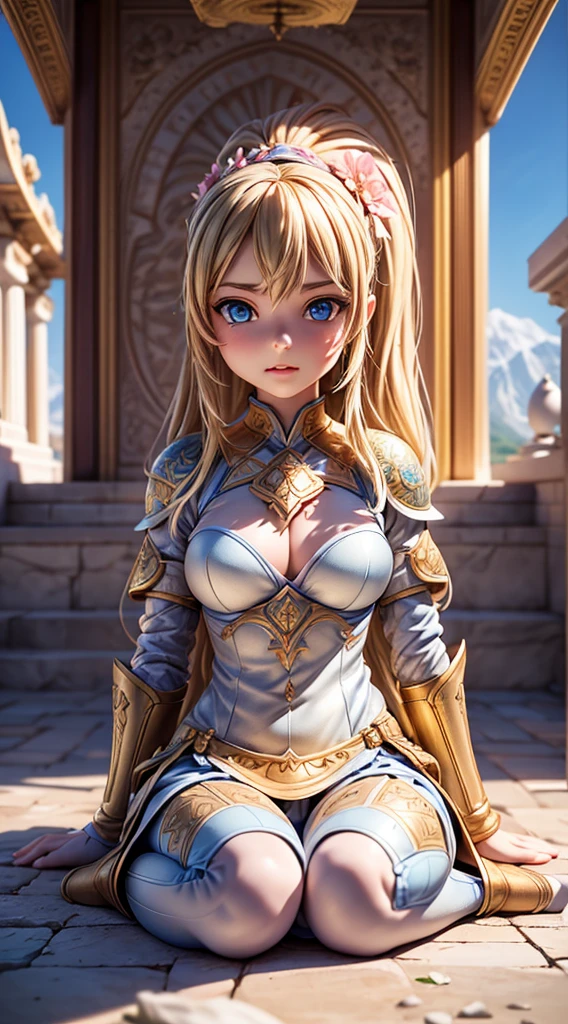 straight symmetrical, full body, solo girl looking to the camera, (8K, best quality:1.2), (masterpiece:1.37), (photo, photorealistic:1.37), (ultrahigh-res), full body, (sit on the floor), dynamic pose, slow motion, female paladin wearing the up part body, (light silver armour:1.2),(ornately decorated armor), (insanely detailed, bloom:1.5), (highest quality, Alessandro Casagrande, Greg Rutkowski, Sally Mann, concept art, 4k), (analog:1.2), (high sharpness), (detailed pupils:1.1), detailed face and eyes, Masterpiece, best quality, (highly detailed photo:1.1), (long blonde Hair, blue eyes, ponytail, ecstatic:1.1), (young woman:1.1), sharp, (perfect body:1.1), realistic, real shadow, 3d, (temple background:1.2), (by Michelangelo), photographed by Canan EOS R6, 135mm, 1/1250s, f/2.8, ISO 400